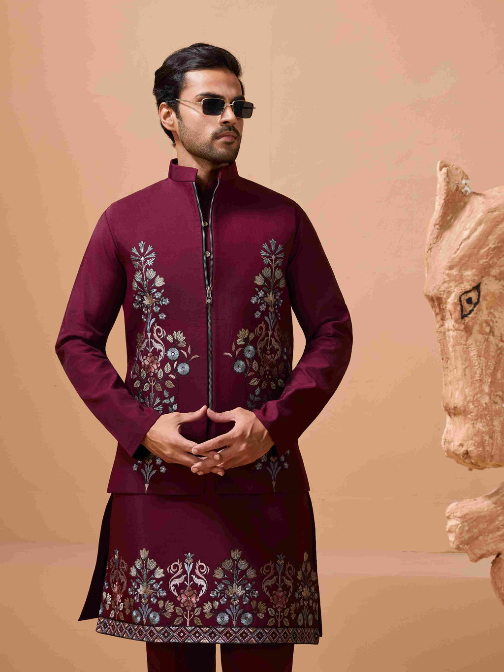 Maroon Color Traditional Special Koti Kurta Set for Men's Wear