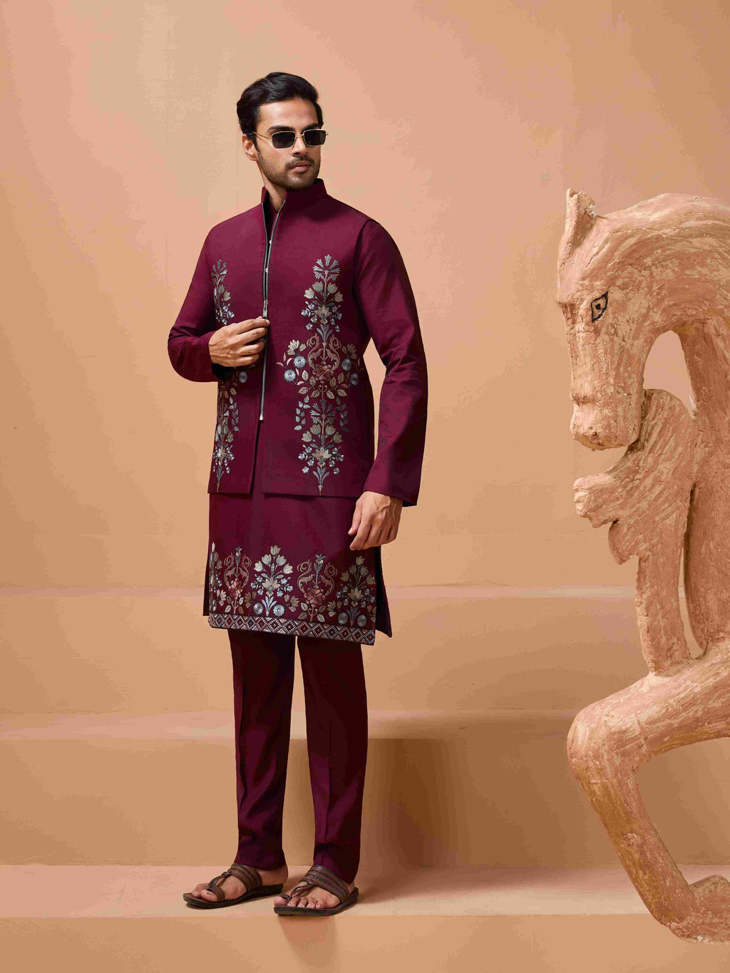Maroon Color Traditional Special Koti Kurta Set for Men's Wear