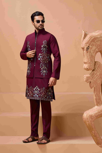 Maroon Color Traditional Special Koti Kurta Set for Men's Wear