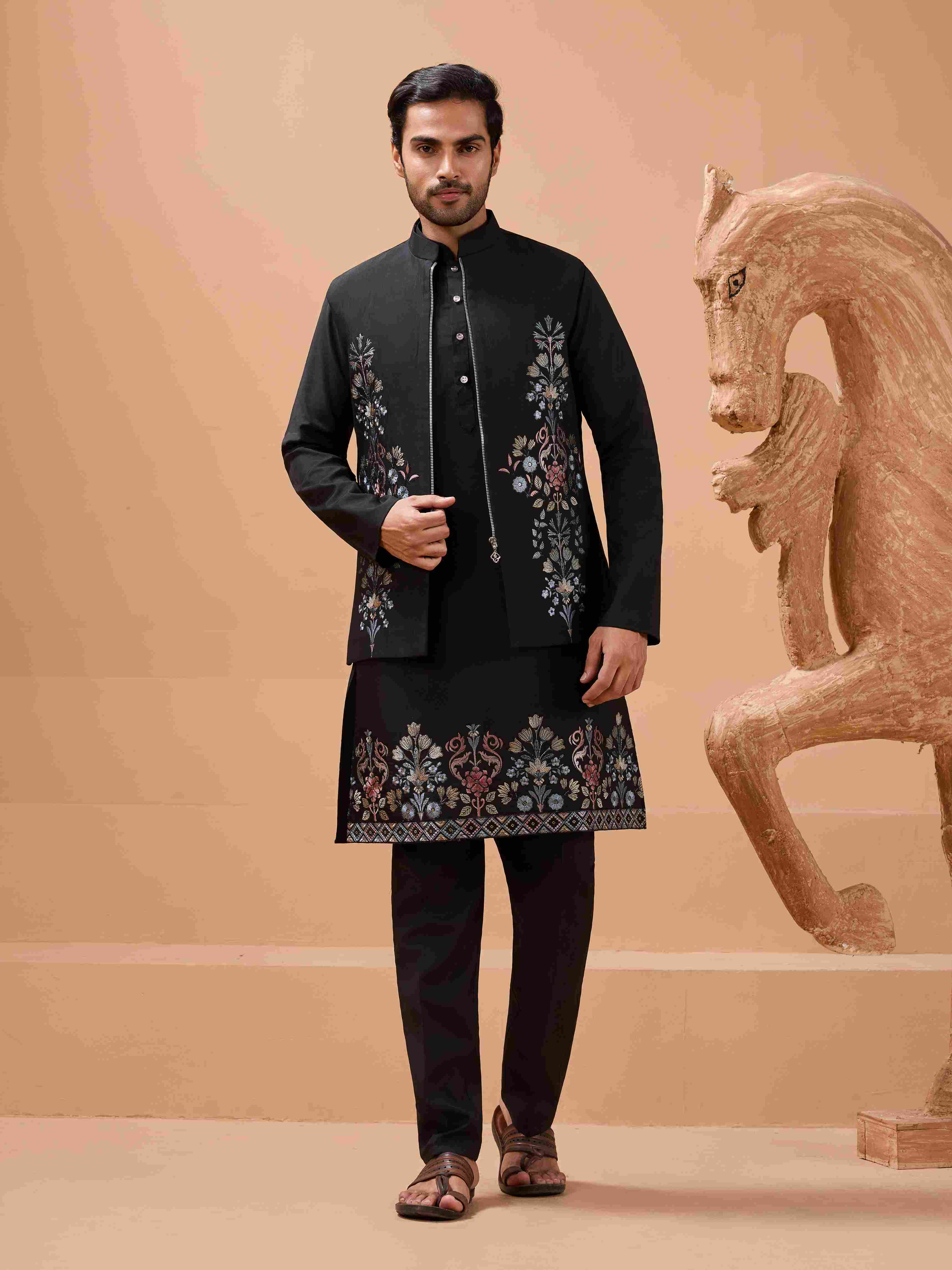 Premium Black Color Special Koti Kurta Set for Mens Wear