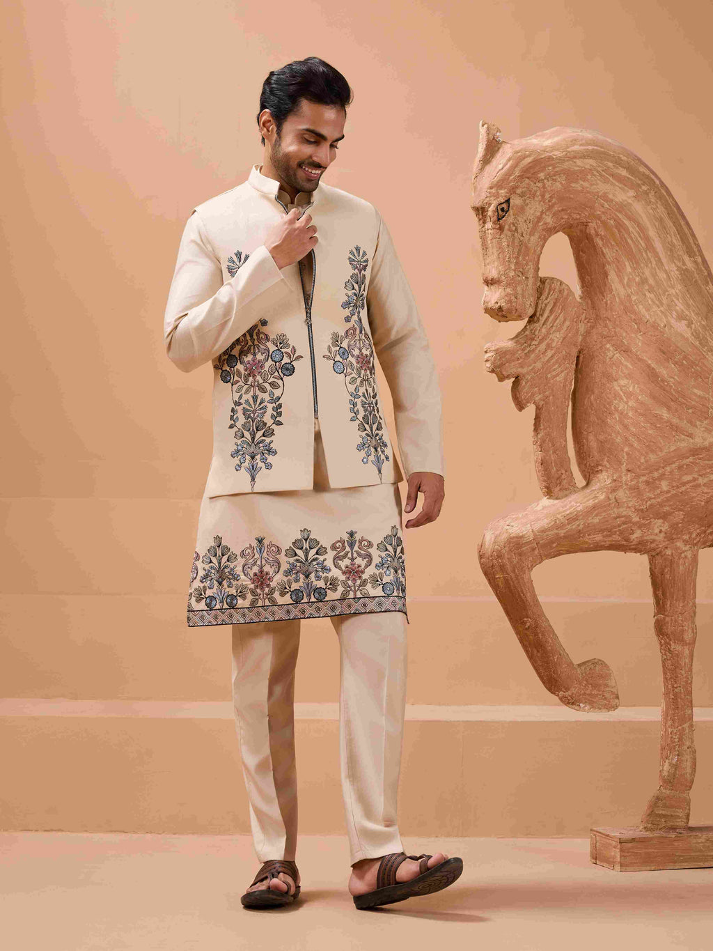 Tendy Beige Wedding Special Koti Kurta Set for Mens Wear