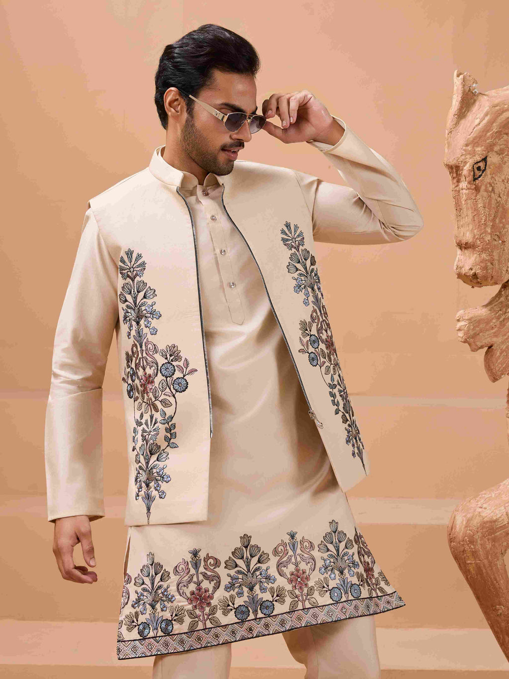 Tendy Beige Wedding Special Koti Kurta Set for Mens Wear