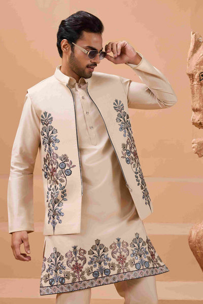 Tendy Beige Wedding Special Koti Kurta Set for Mens Wear