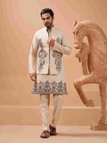 Tendy Beige Wedding Special Koti Kurta Set for Mens Wear