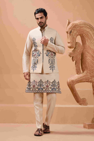 Tendy Beige Wedding Special Koti Kurta Set for Mens Wear
