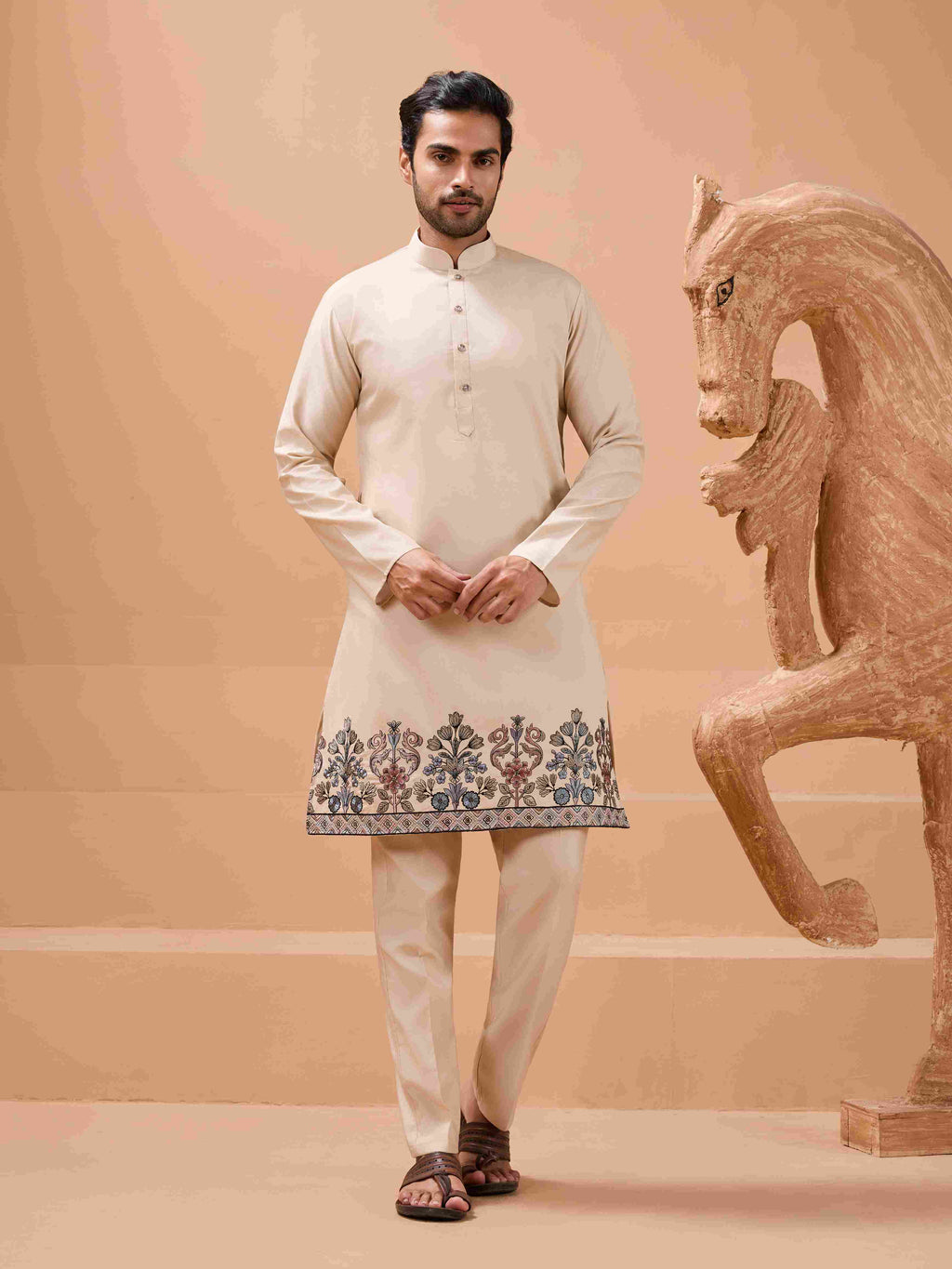 Tendy Beige Wedding Special Koti Kurta Set for Mens Wear