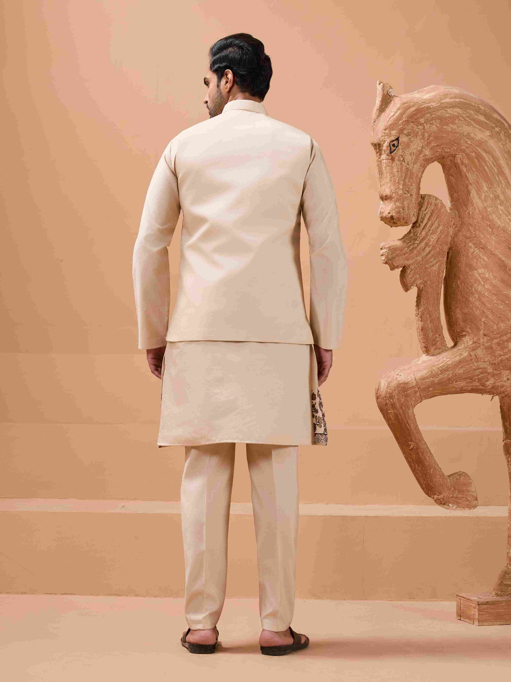 Tendy Beige Wedding Special Koti Kurta Set for Mens Wear