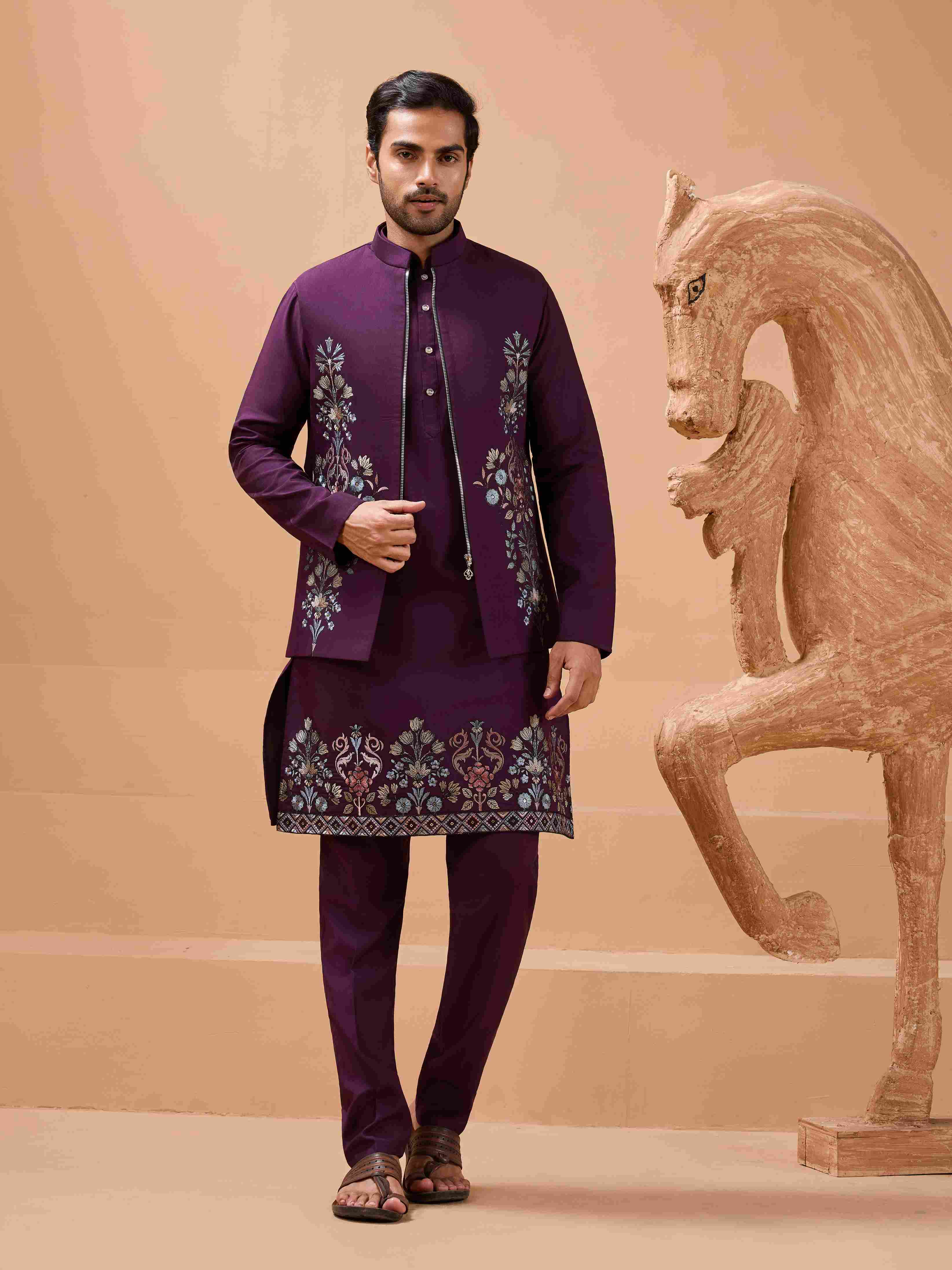 Vibrant Purple Color Koti Kurta Set Pair for Men Collection