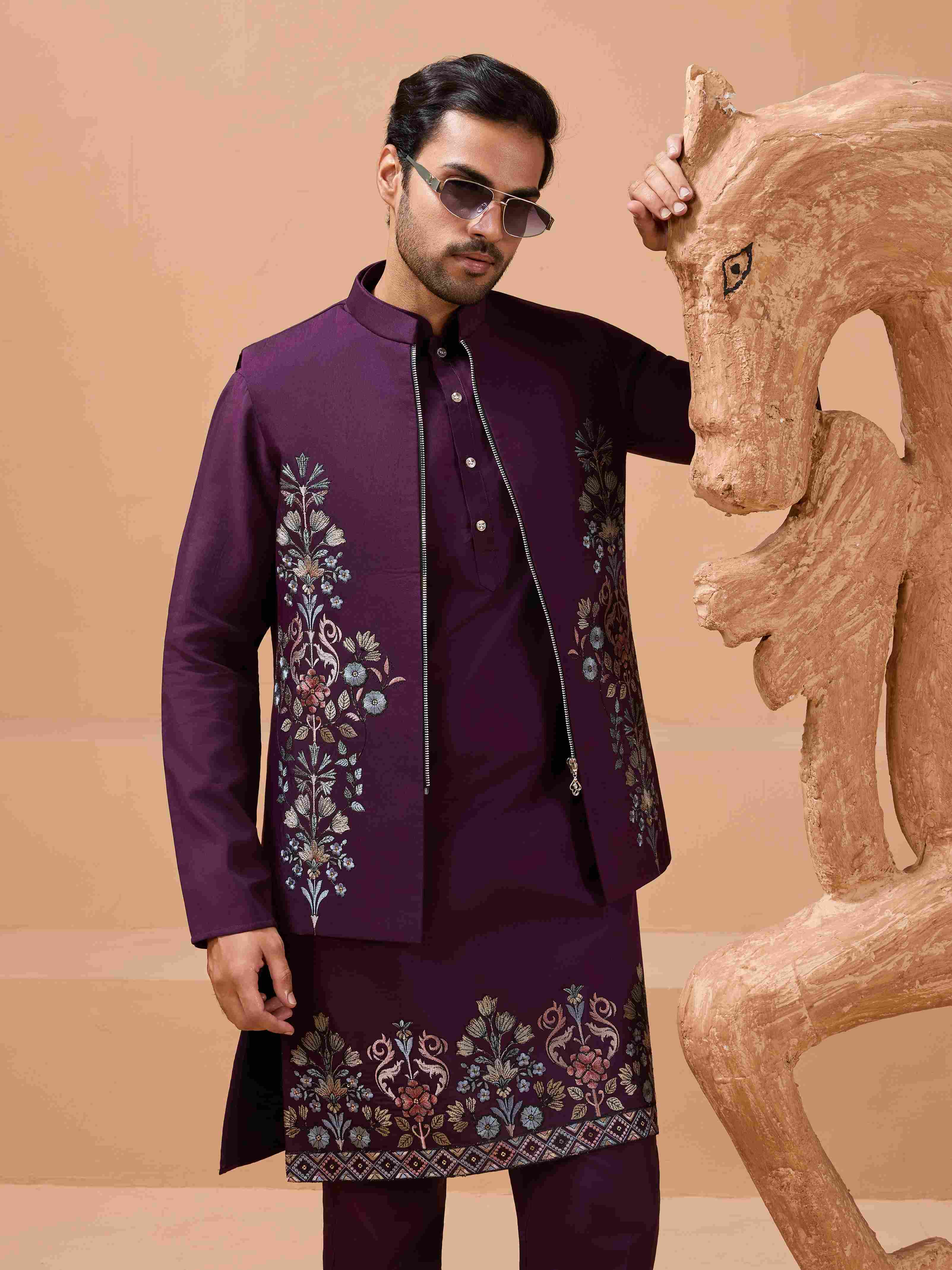Vibrant Purple Color Koti Kurta Set Pair for Men Collection