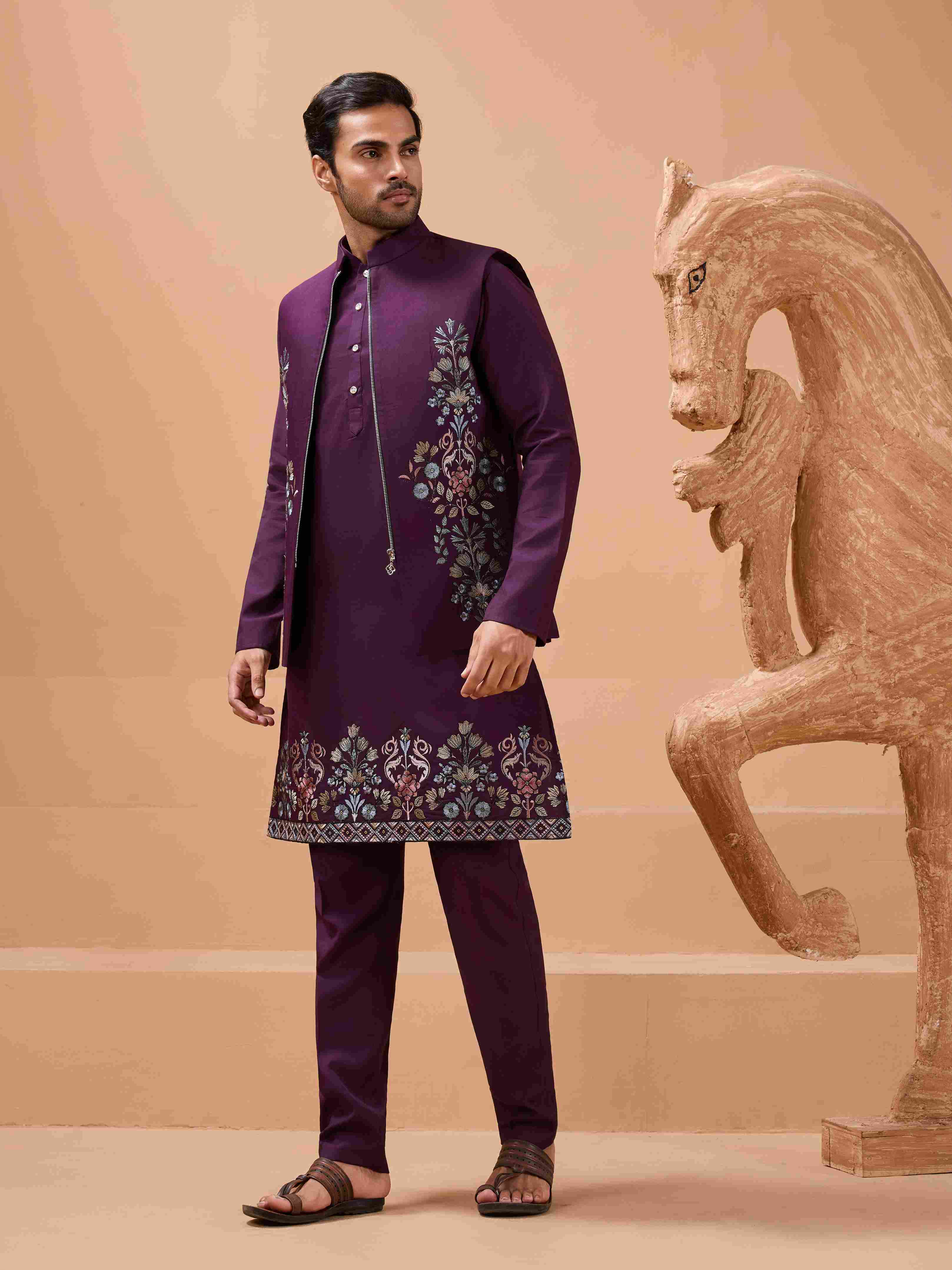 Vibrant Purple Color Koti Kurta Set Pair for Men Collection