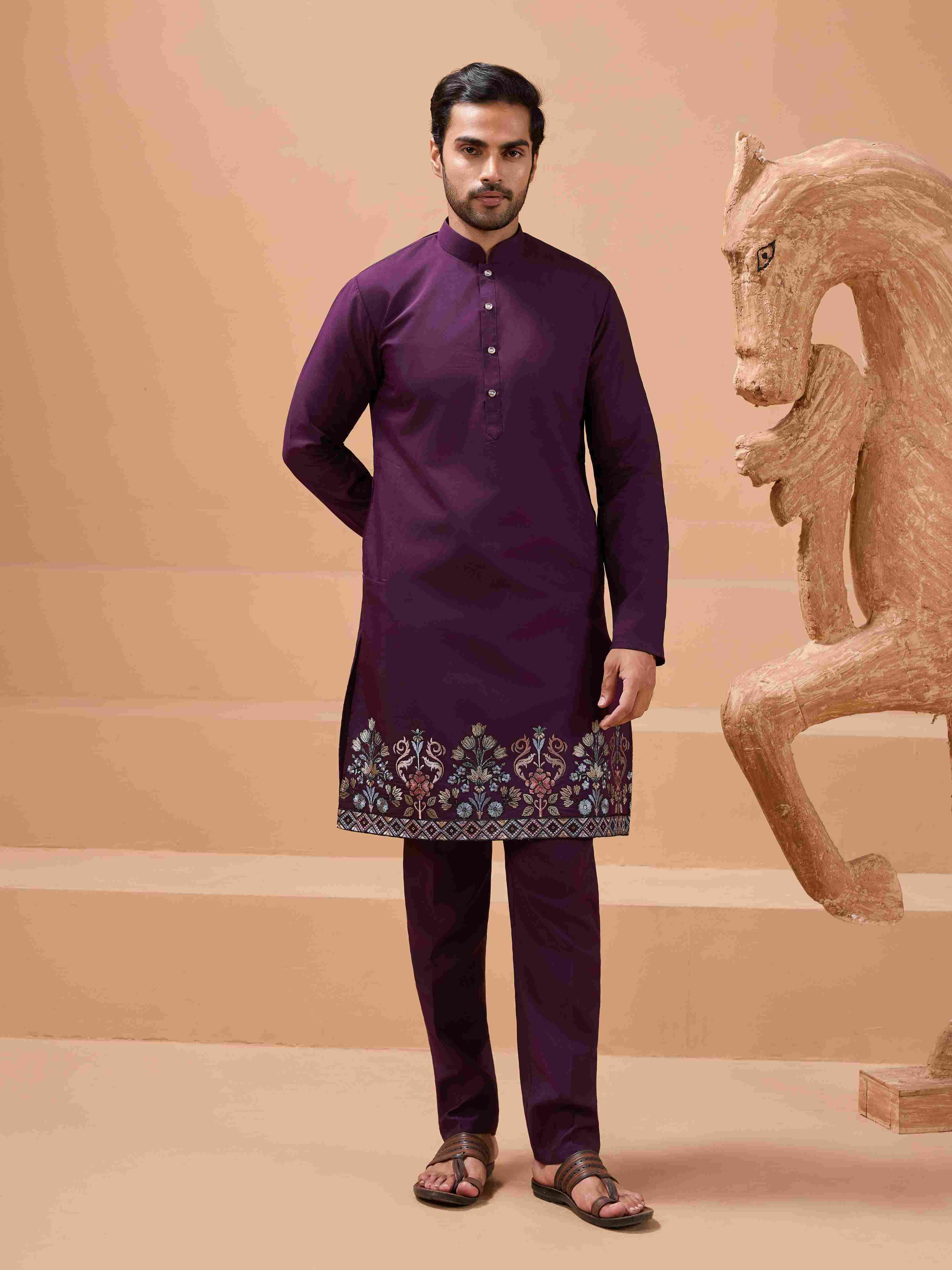 Vibrant Purple Color Koti Kurta Set Pair for Men Collection