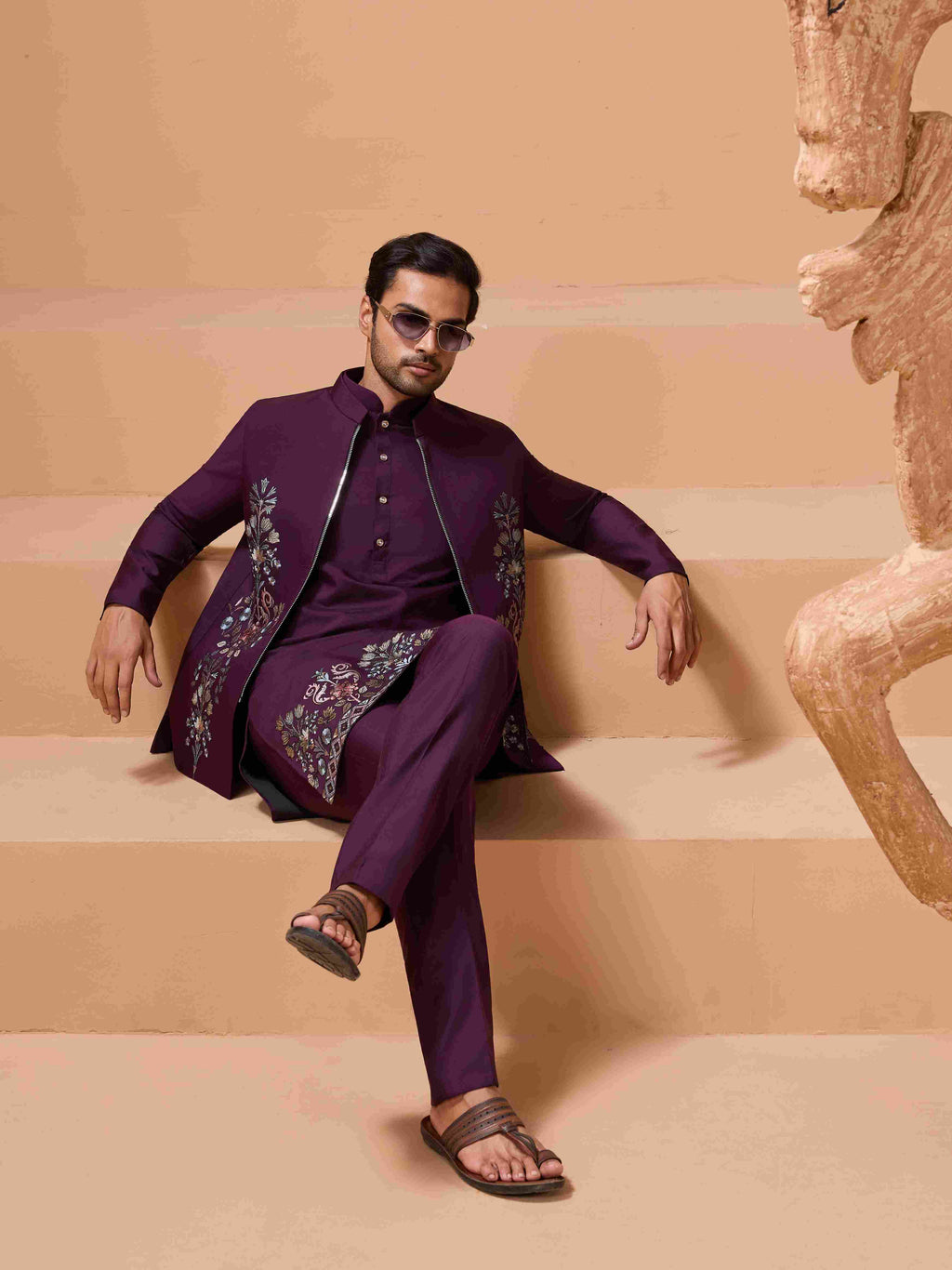 Vibrant Purple Color Koti Kurta Set Pair for Men Collection