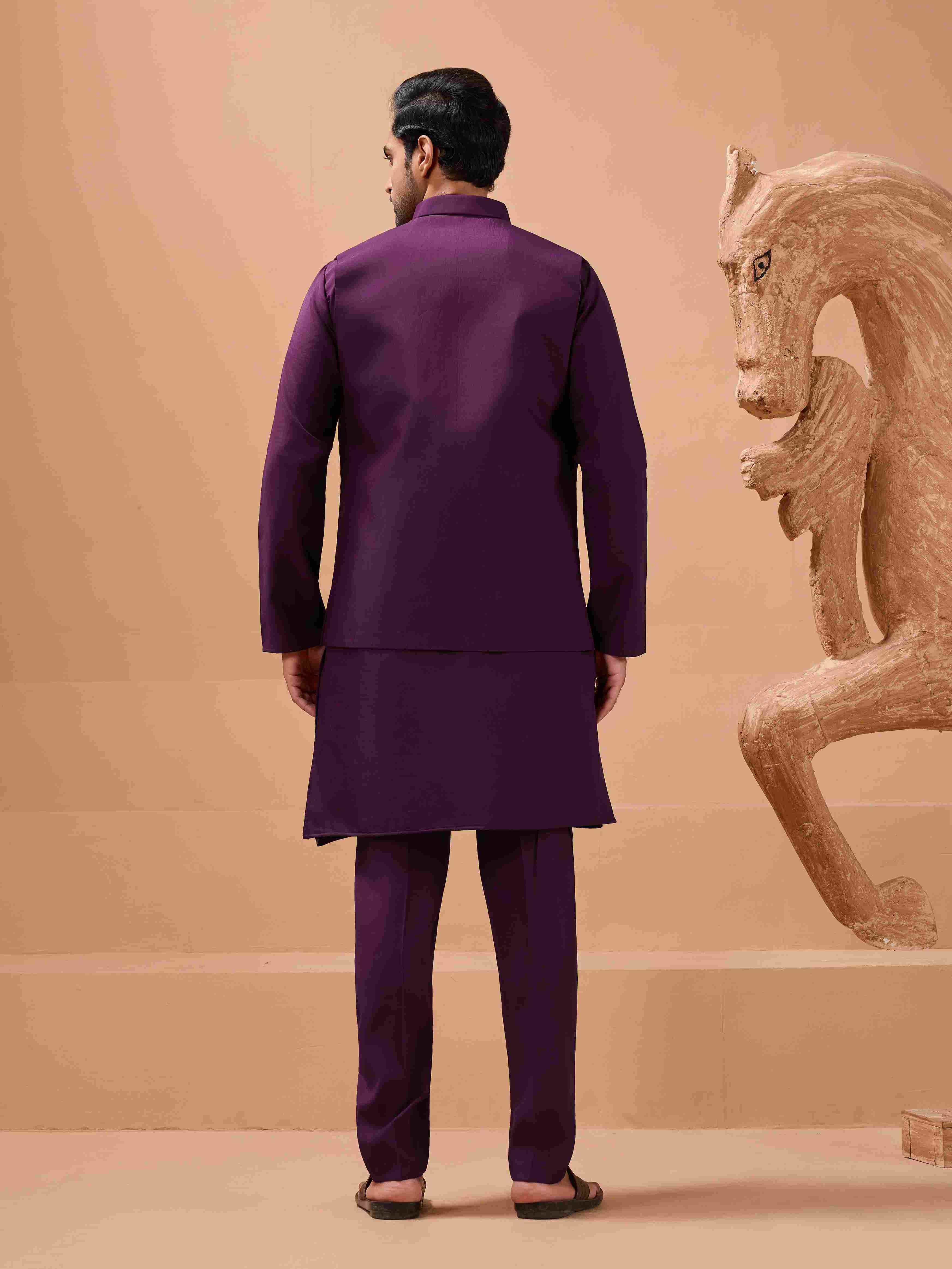 Vibrant Purple Color Koti Kurta Set Pair for Men Collection