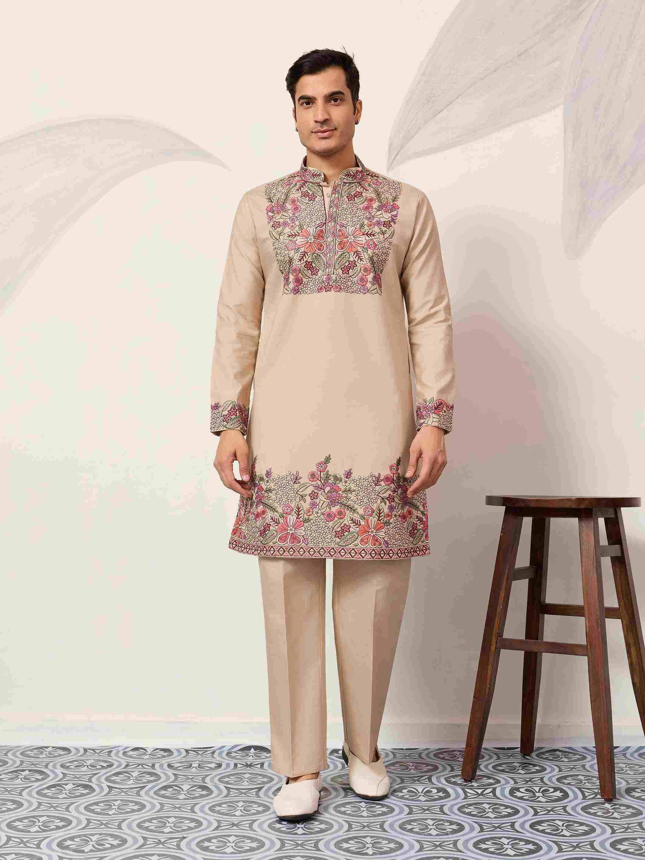 Beige Color Kurta Pant Set for Mens Traditional Outfit