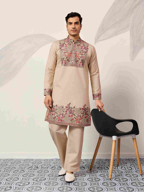 Beige Color Kurta Pant Set for Mens Traditional Outfit