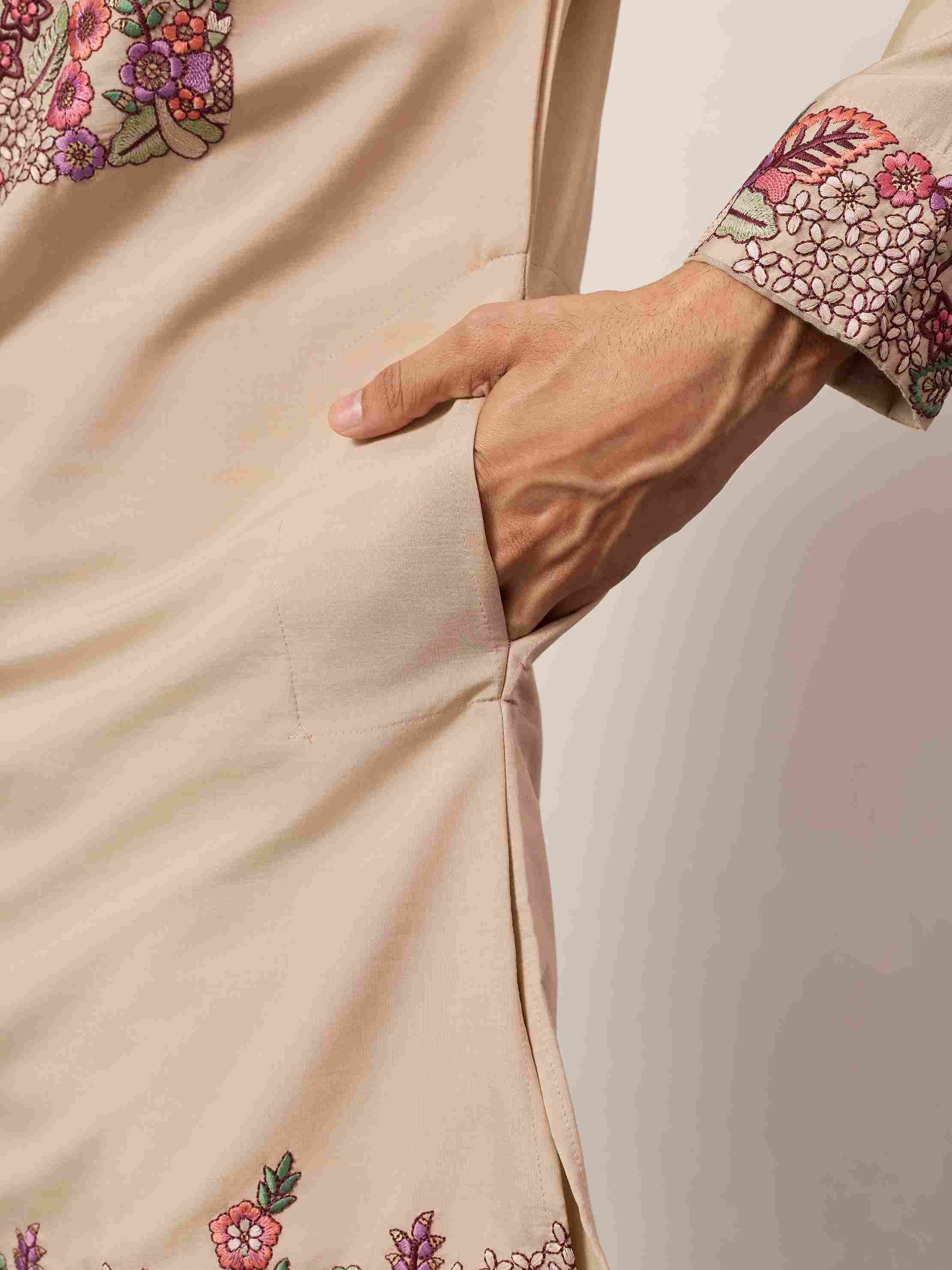 Beige Color Kurta Pant Set for Mens Traditional Outfit