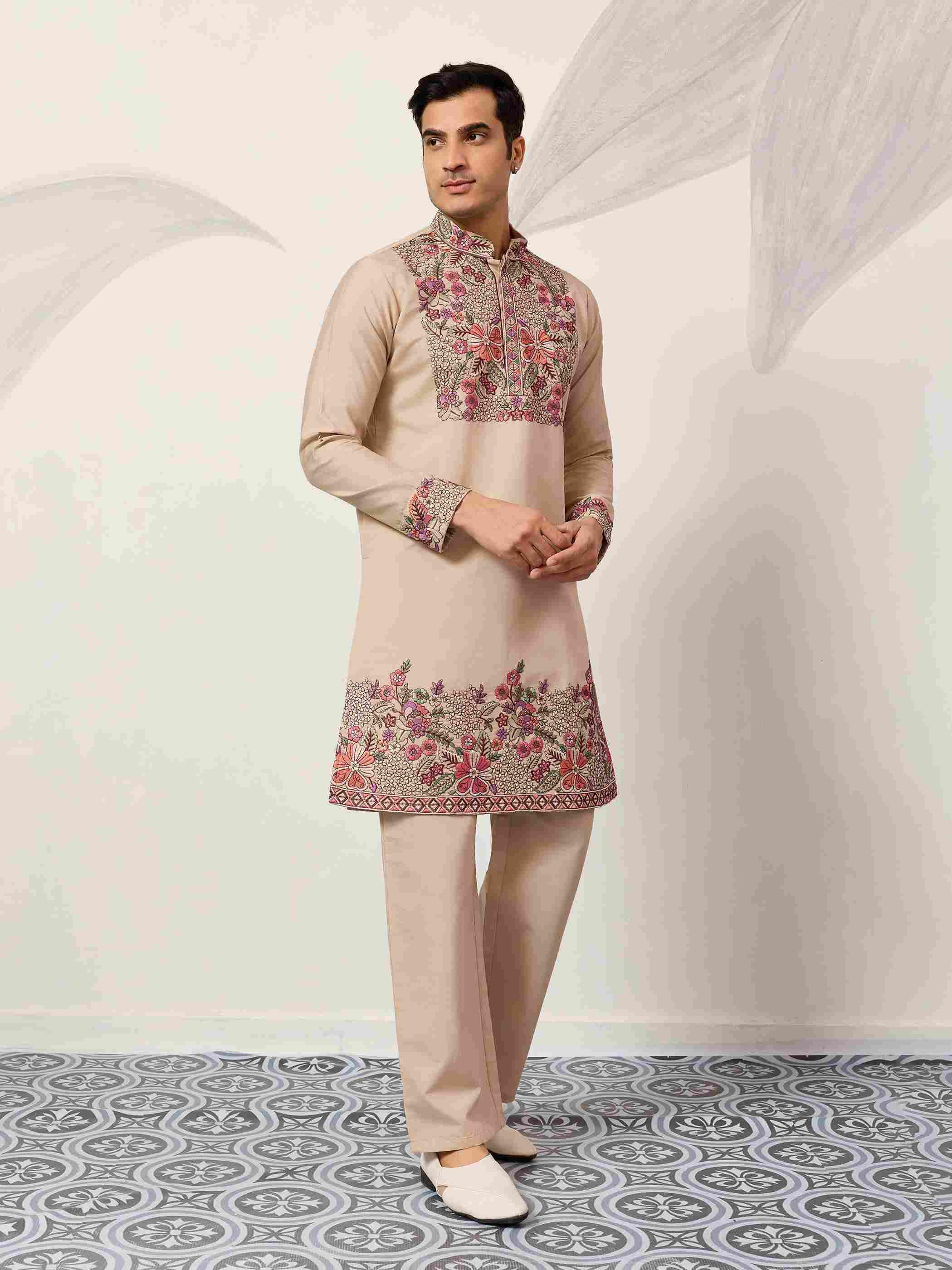 Beige Color Kurta Pant Set for Mens Traditional Outfit