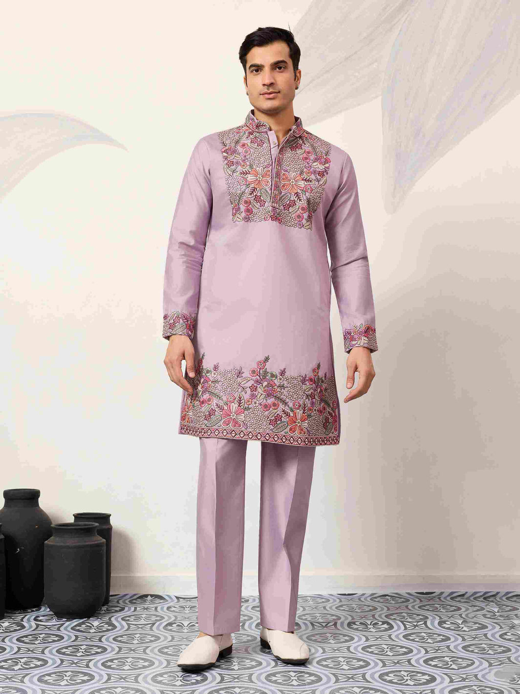 Lavender Kurta Pant Set for Traditional Mens Fashion