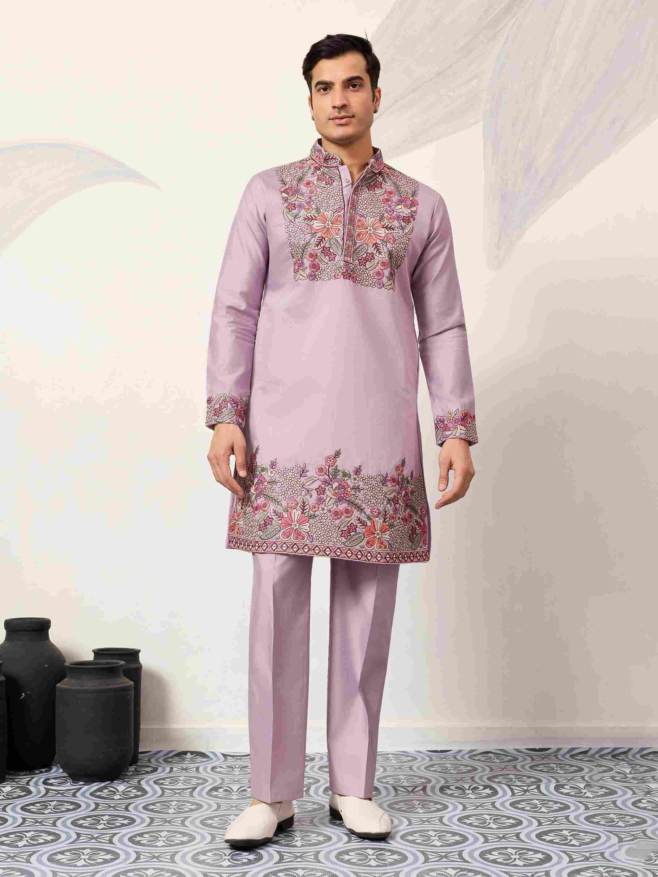 Lavender Kurta Pant Set for Traditional Mens Fashion