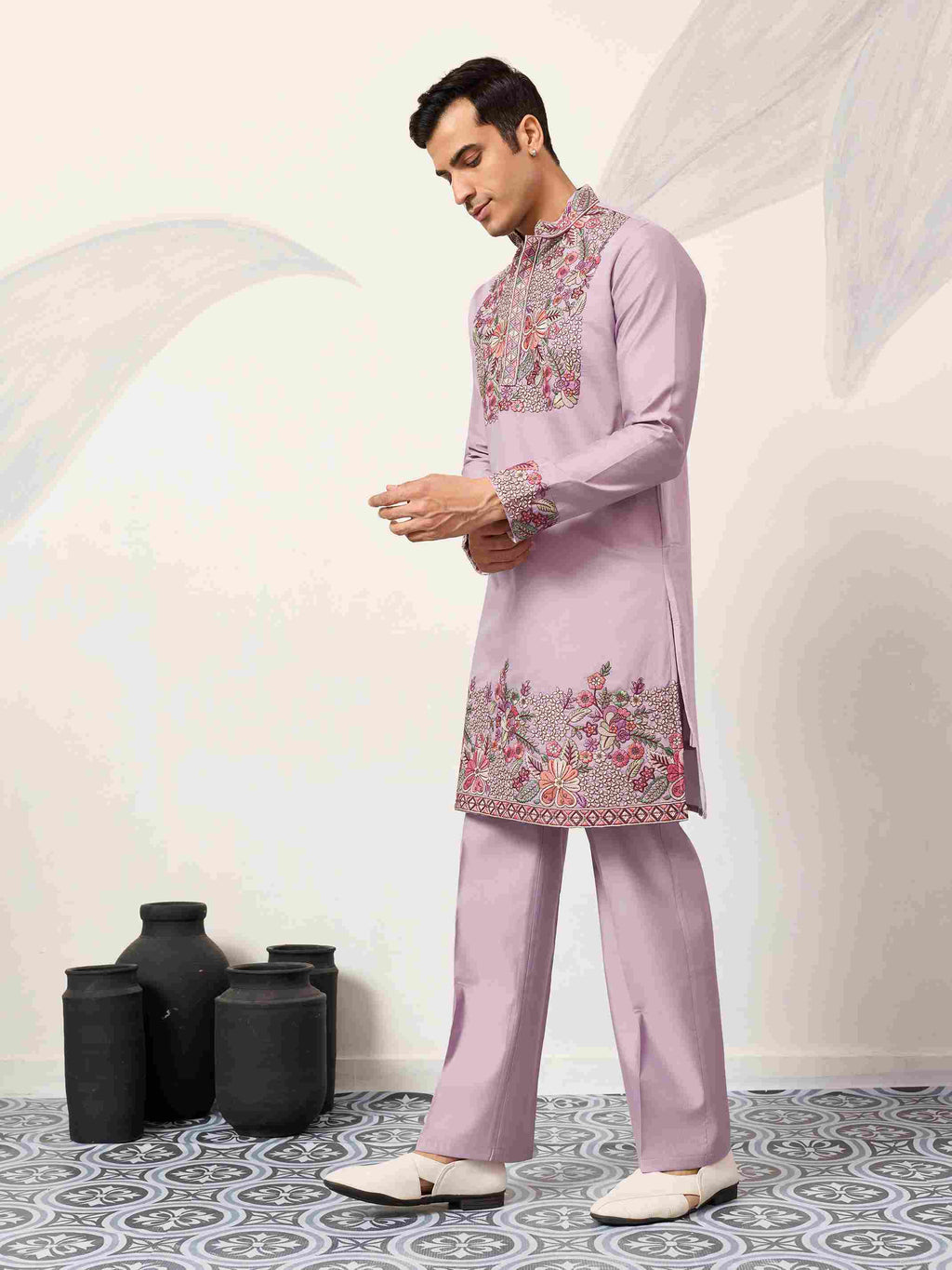 Lavender Kurta Pant Set for Traditional Mens Fashion