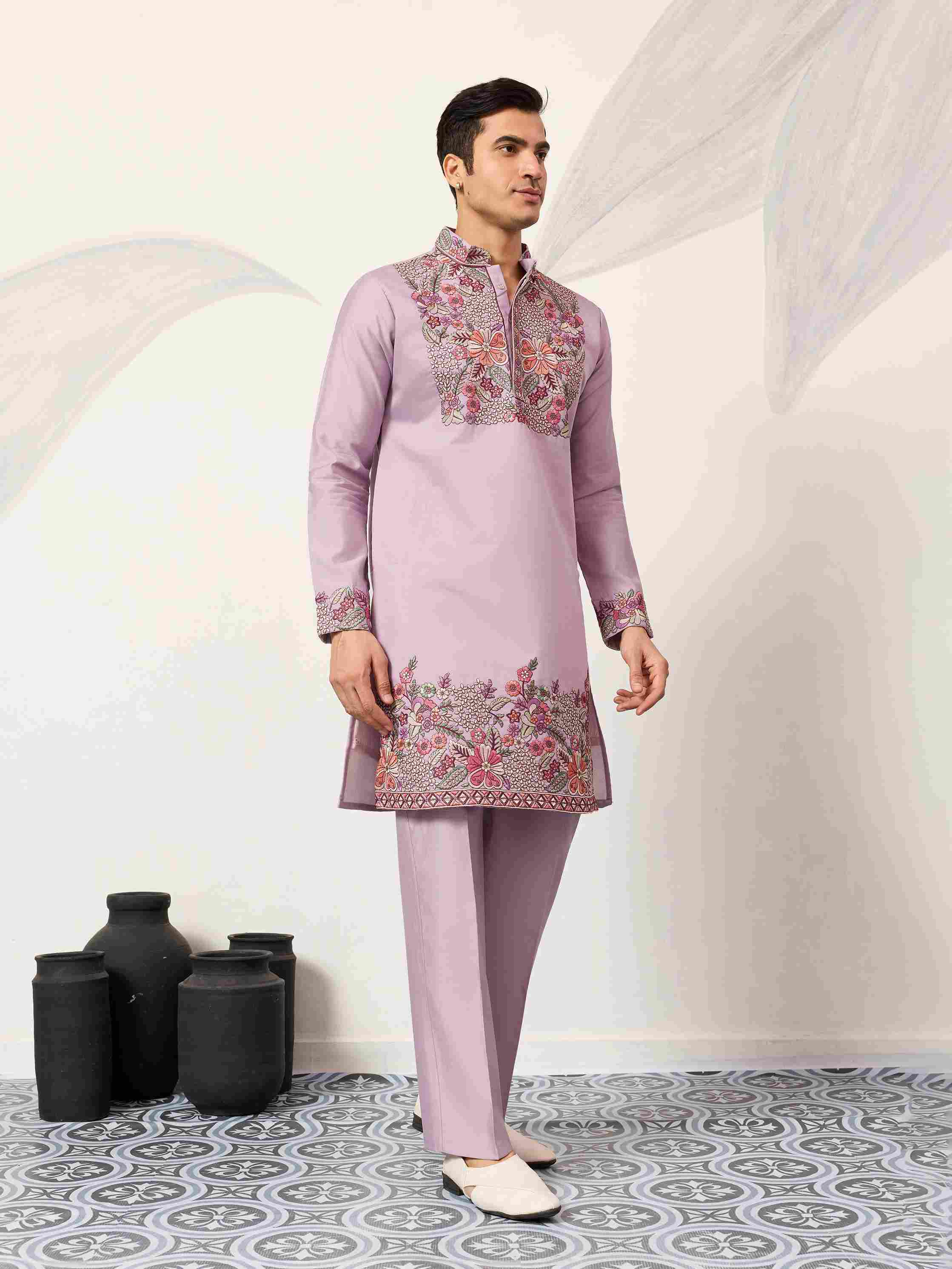 Lavender Kurta Pant Set for Traditional Mens Fashion