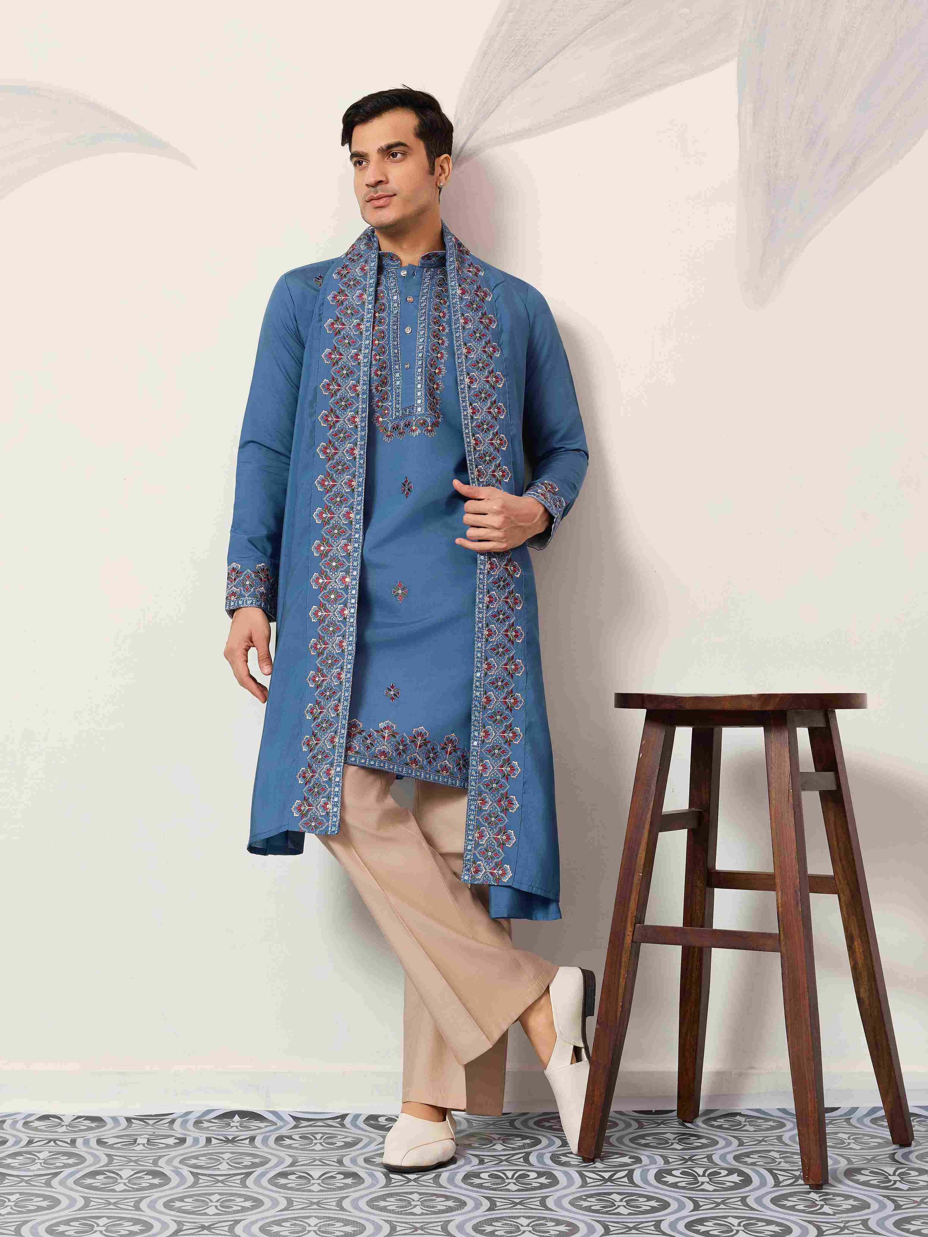Wedding Royal Look Blue Kurta with Dupatta for Mens Wear