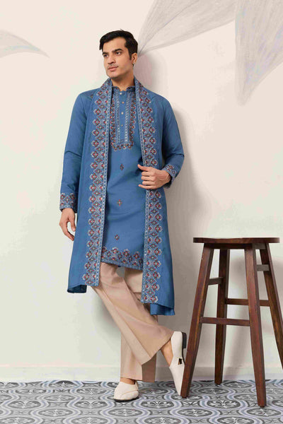 Wedding Royal Look Blue Kurta with Dupatta for Mens Wear