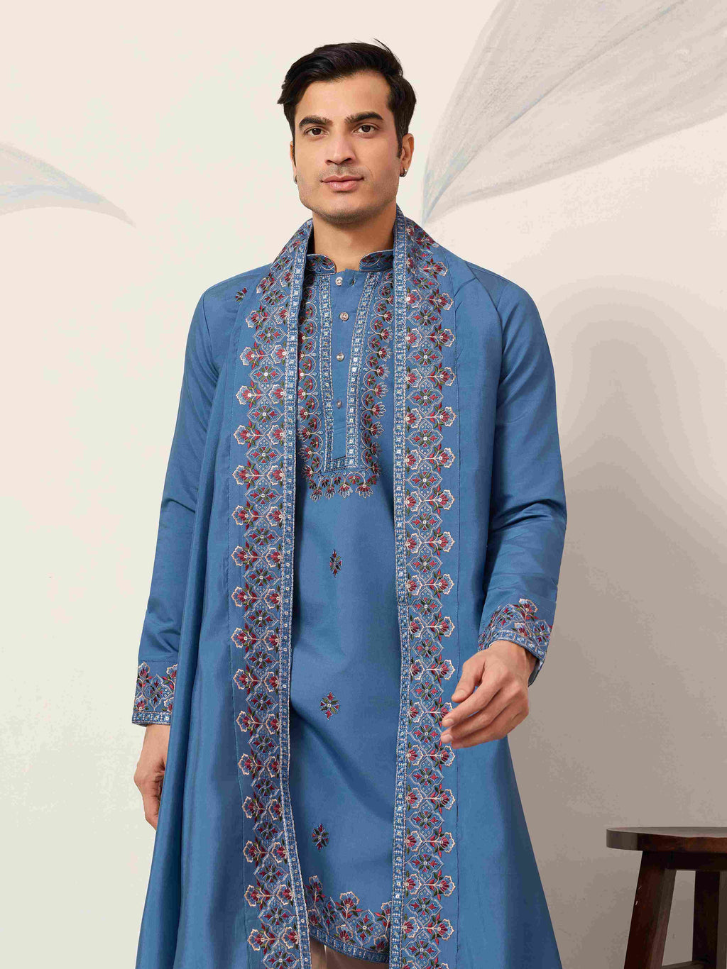 Wedding Royal Look Blue Kurta with Dupatta for Mens Wear