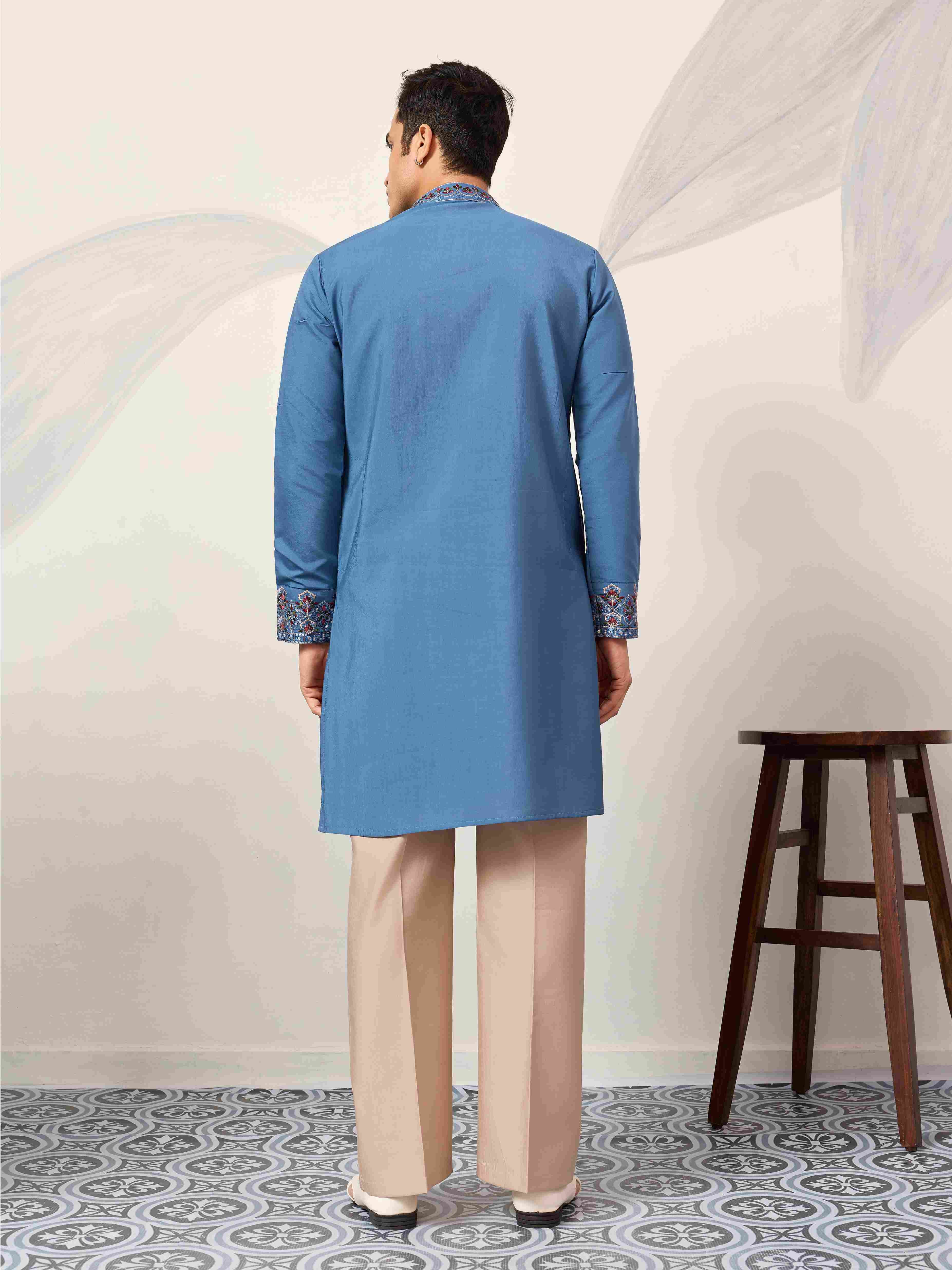 Wedding Royal Look Blue Kurta with Dupatta for Mens Wear