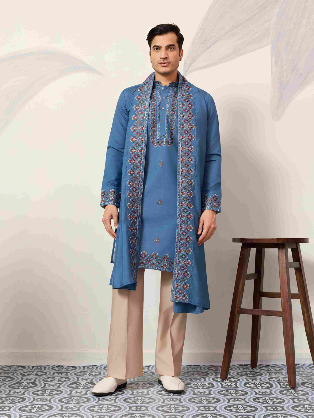 Wedding Royal Look Blue Kurta with Dupatta for Mens Wear
