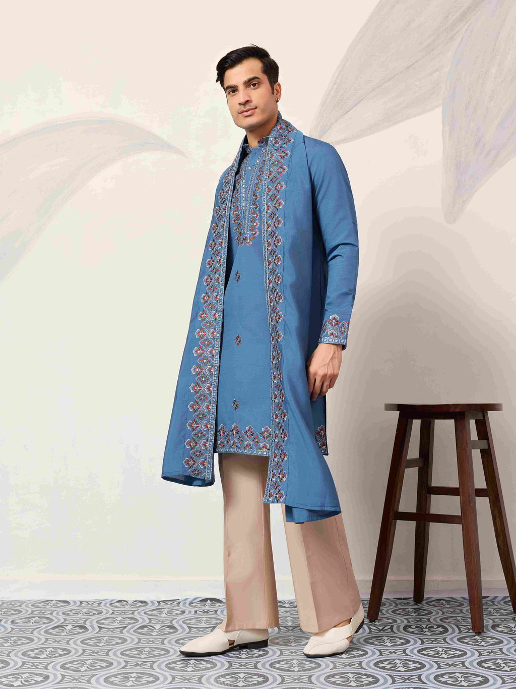 Wedding Royal Look Blue Kurta with Dupatta for Mens Wear