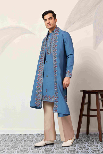 Wedding Royal Look Blue Kurta with Dupatta for Mens Wear