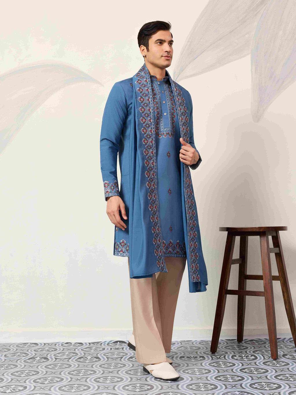 Wedding Royal Look Blue Kurta with Dupatta for Mens Wear