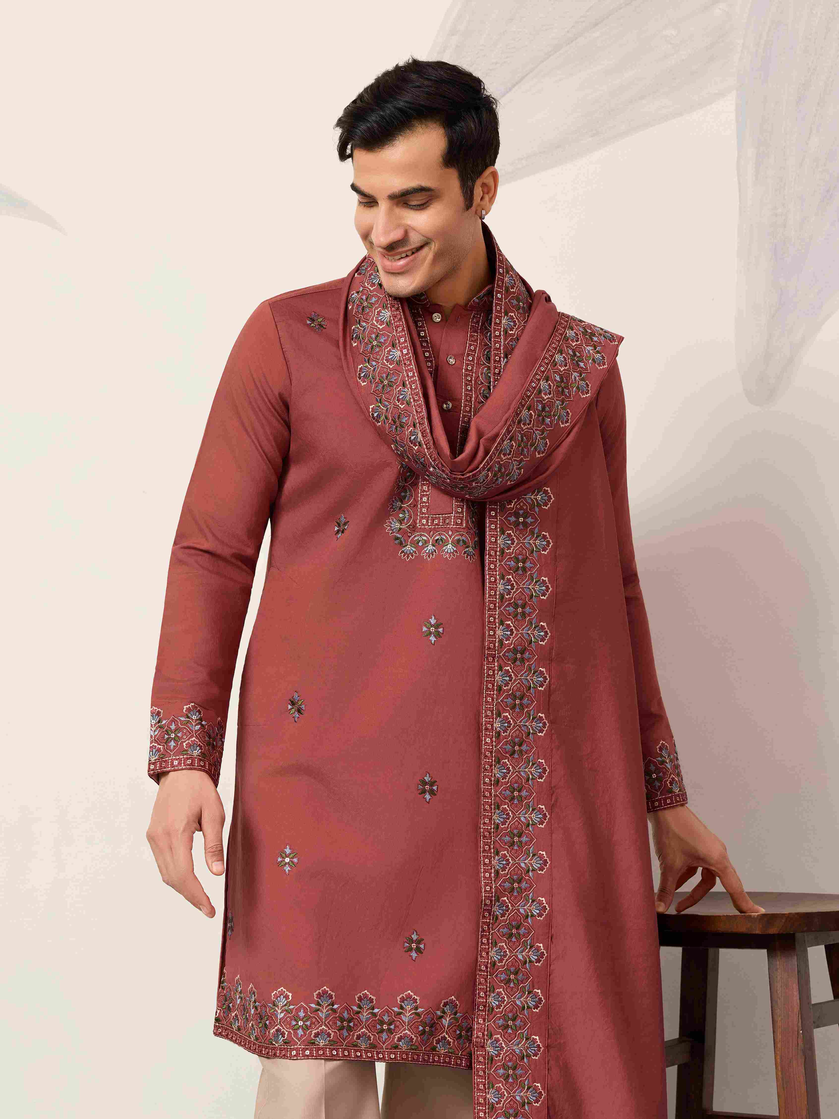 Luxury Royal Look Orange Kurta with Dupatta for Mens Collection