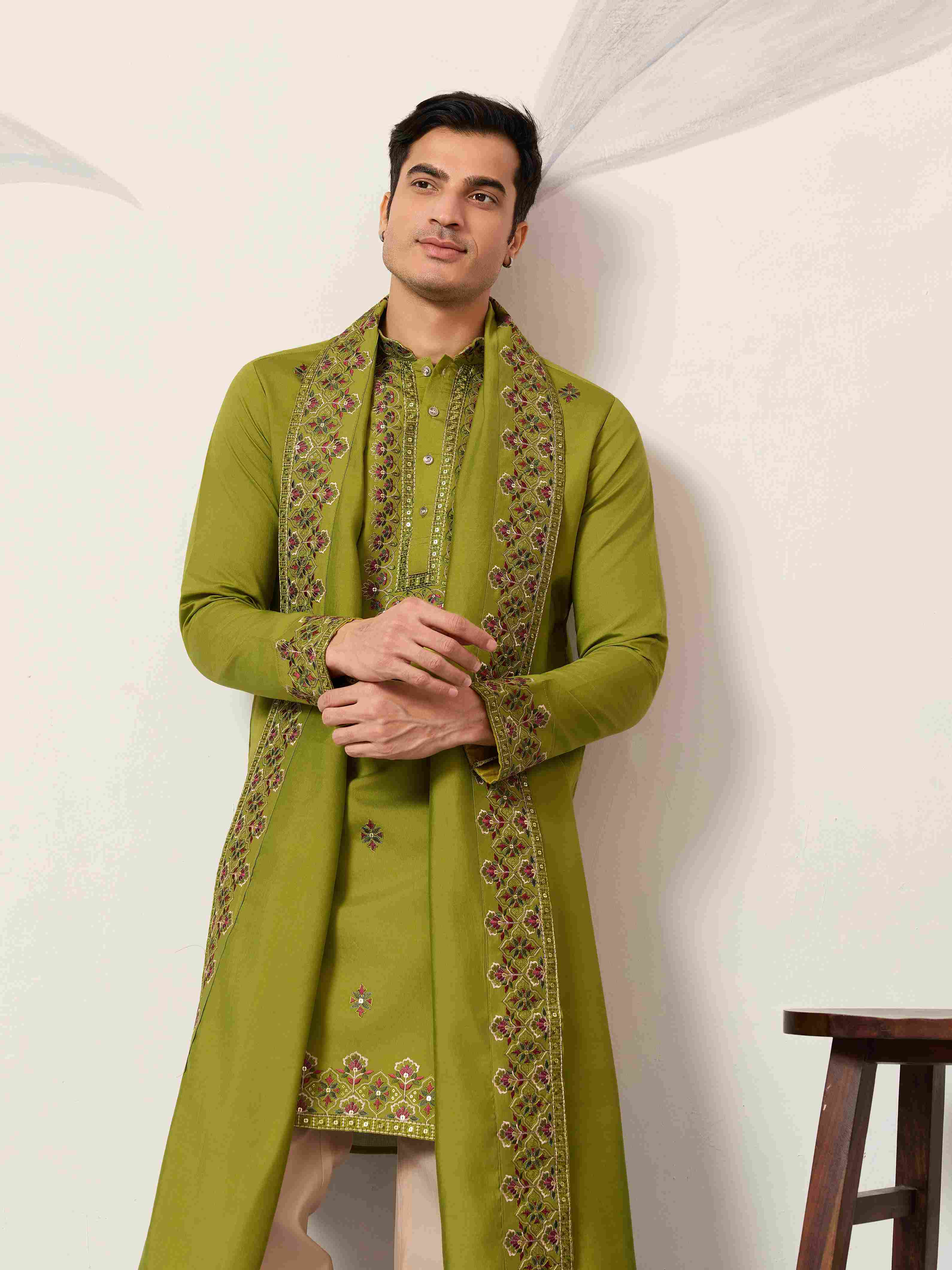 Classic Wedding Fluorescent Green Mens Wear Kurta with Dupatta