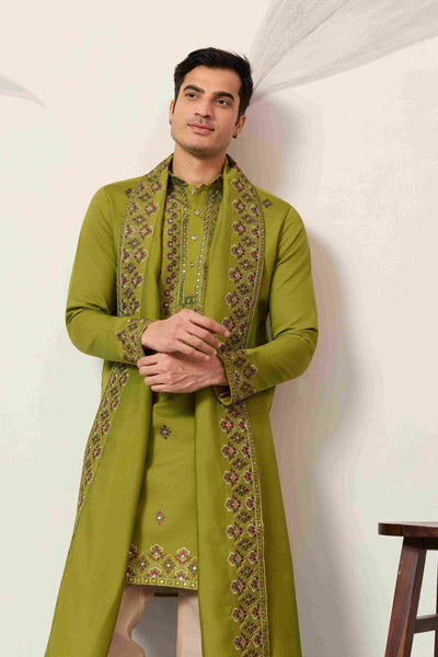 Classic Wedding Fluorescent Green Mens Wear Kurta with Dupatta