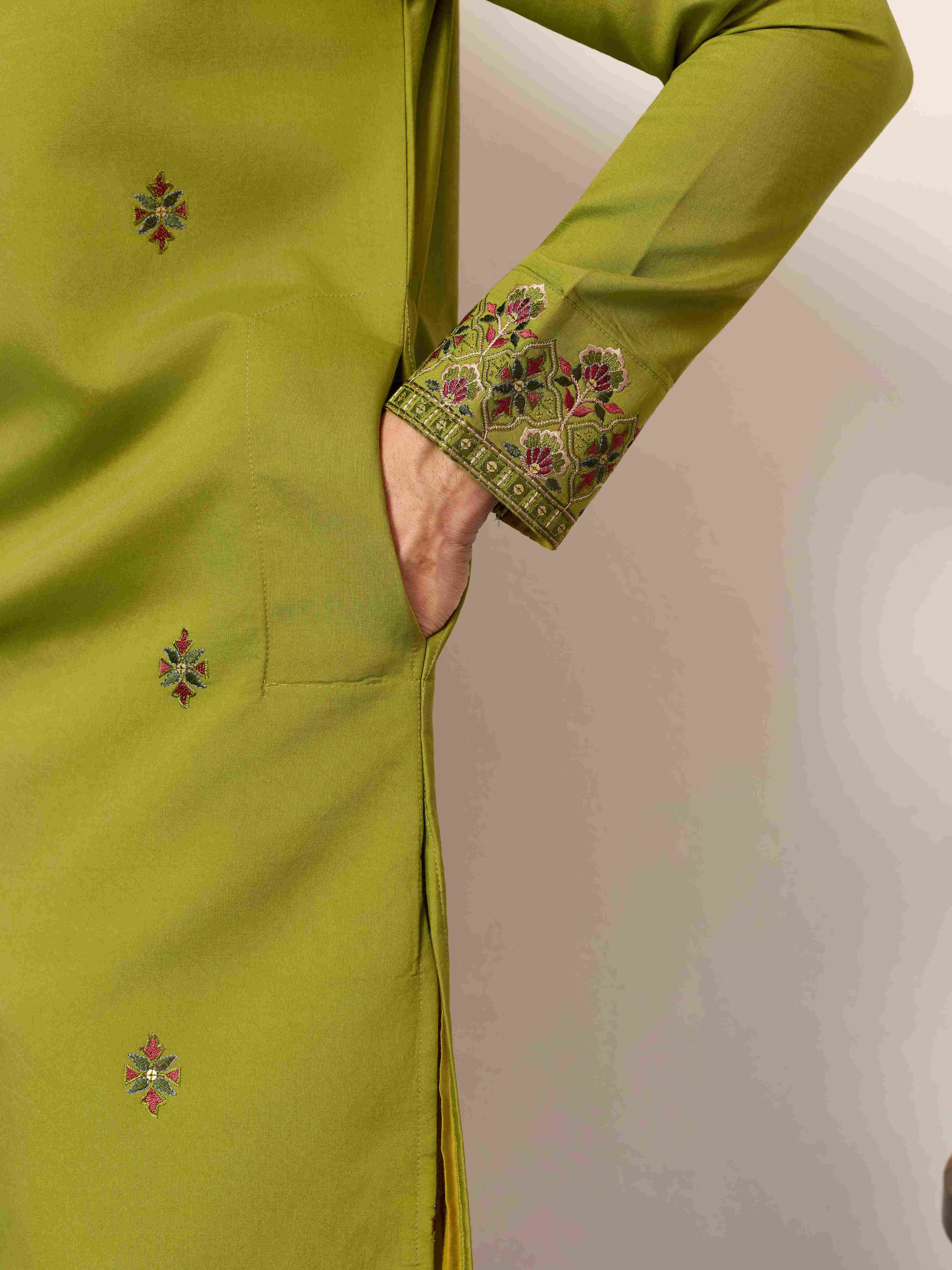 Classic Wedding Fluorescent Green Mens Wear Kurta with Dupatta