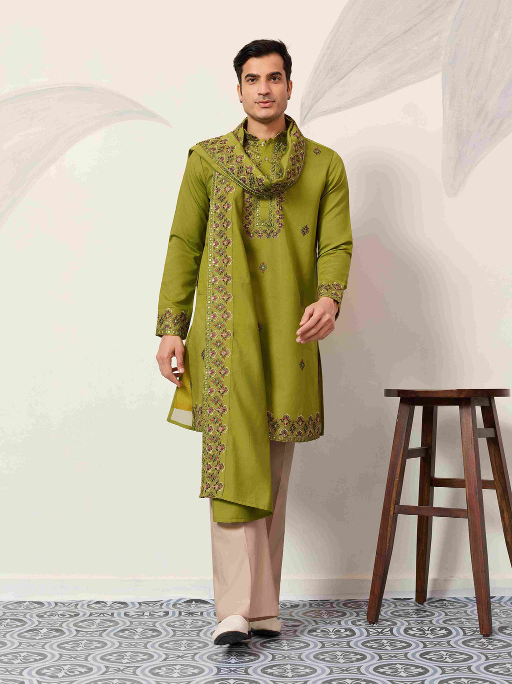 Classic Wedding Fluorescent Green Mens Wear Kurta with Dupatta