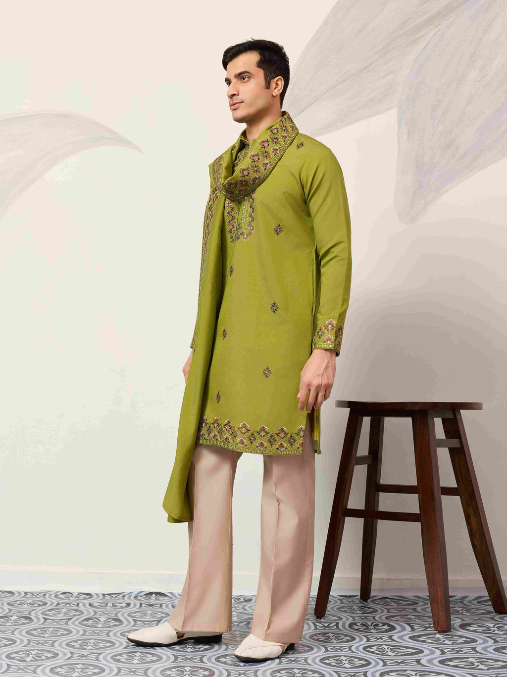 Classic Wedding Fluorescent Green Mens Wear Kurta with Dupatta
