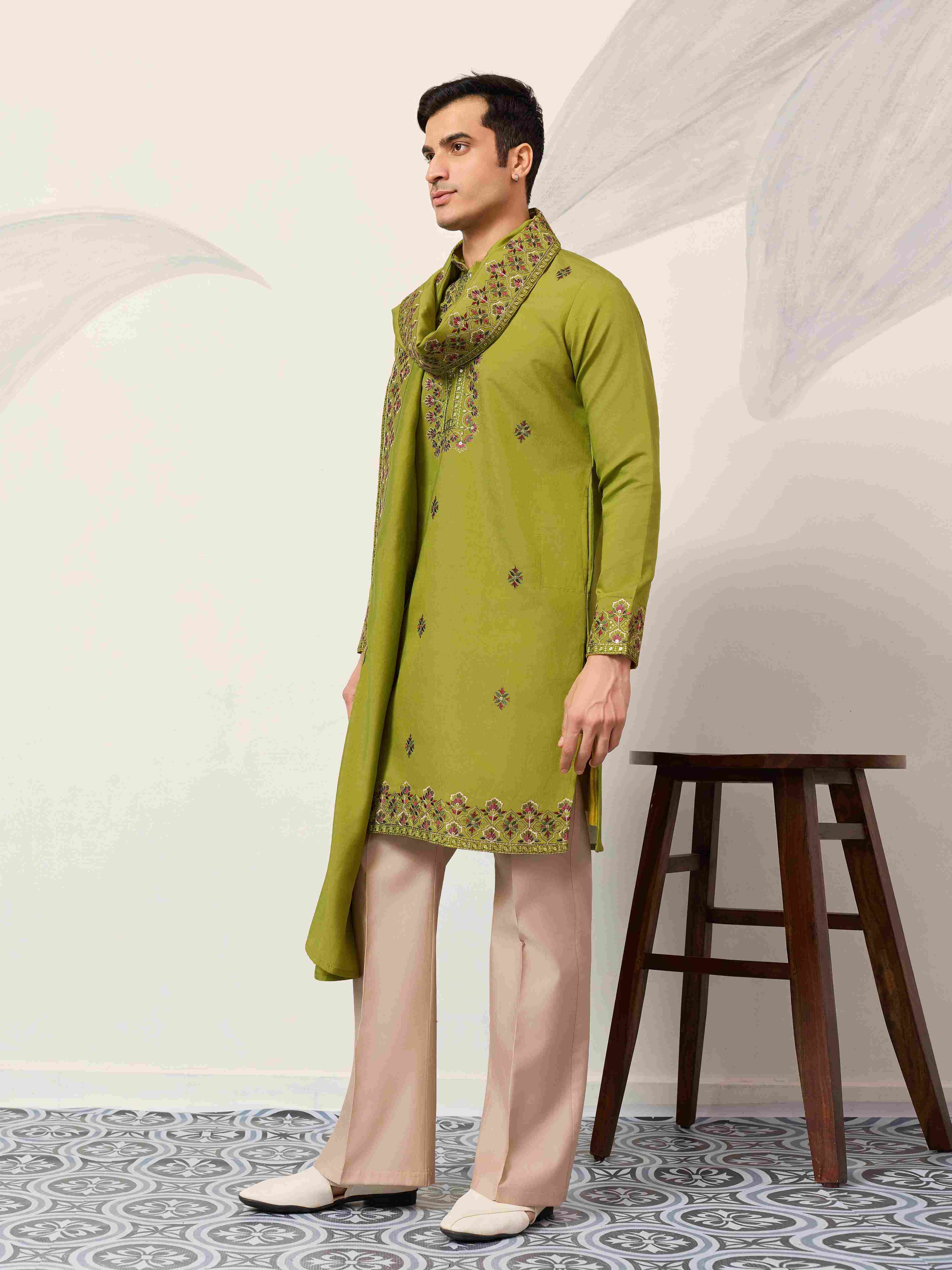 Classic Wedding Fluorescent Green Mens Wear Kurta with Dupatta