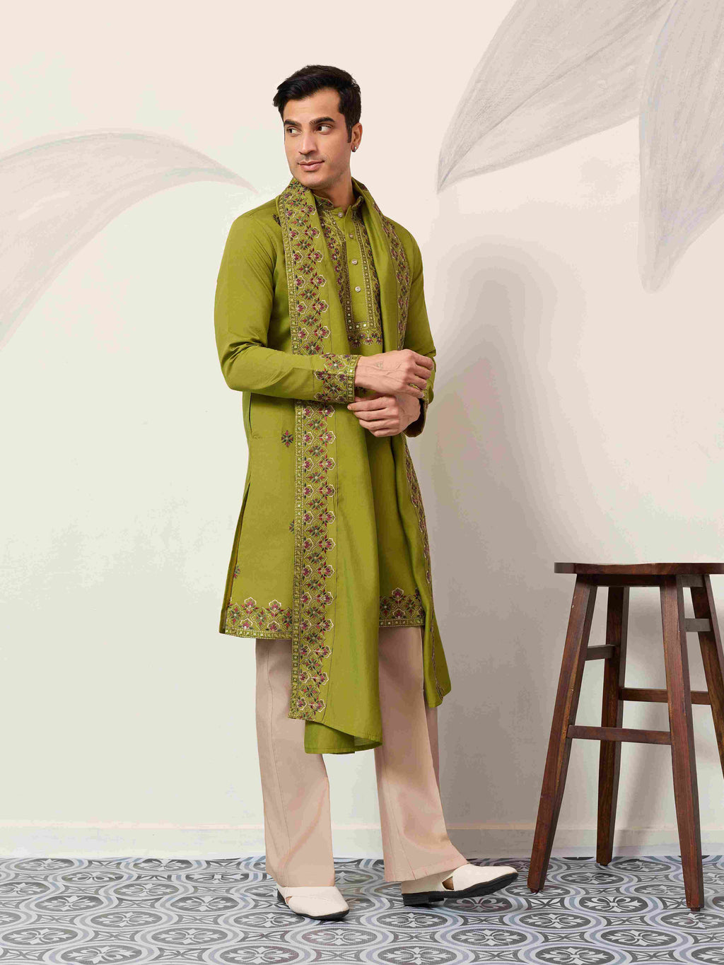 Classic Wedding Fluorescent Green Mens Wear Kurta with Dupatta