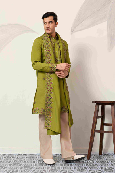 Classic Wedding Fluorescent Green Mens Wear Kurta with Dupatta