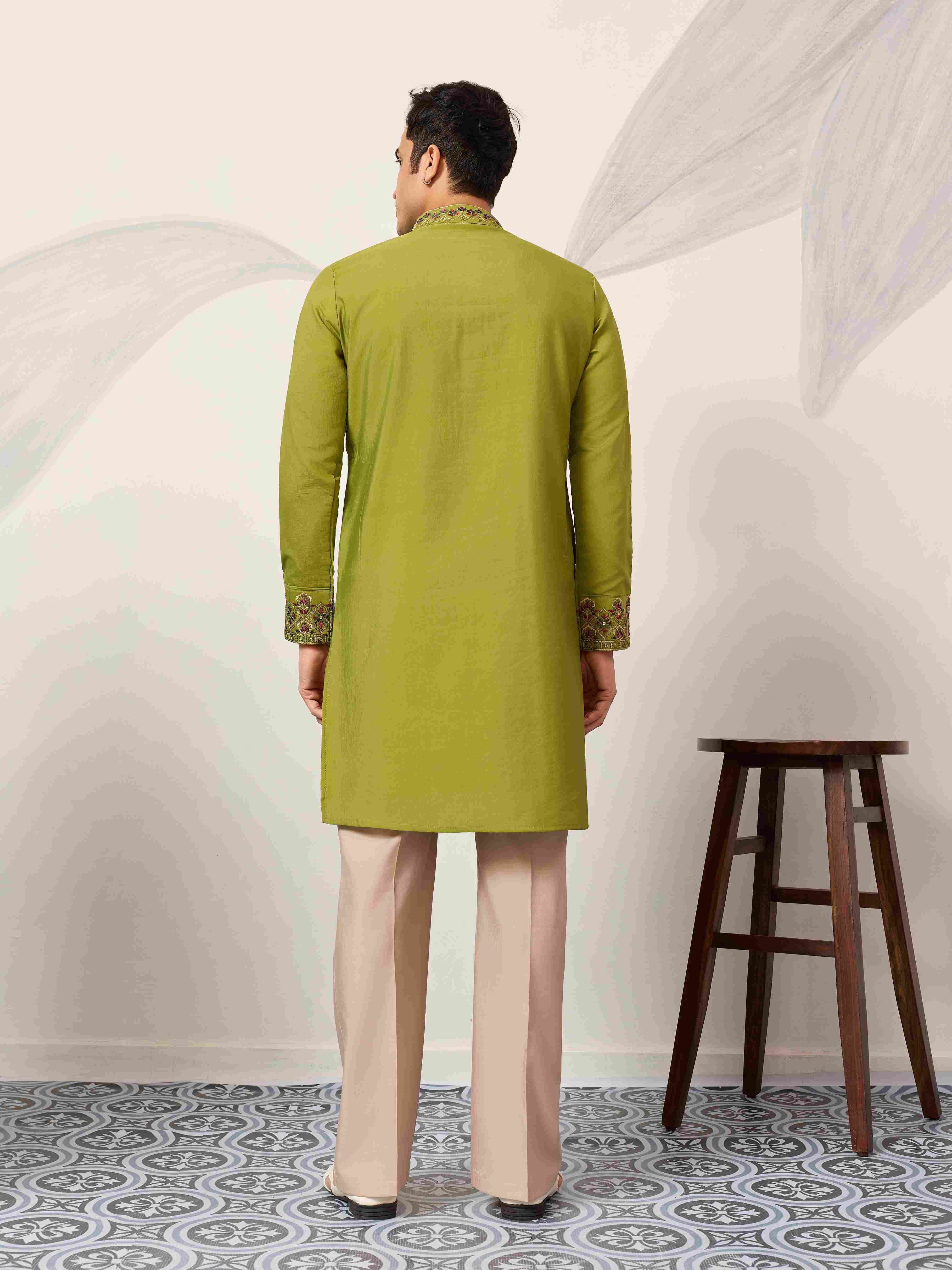 Classic Wedding Fluorescent Green Mens Wear Kurta with Dupatta