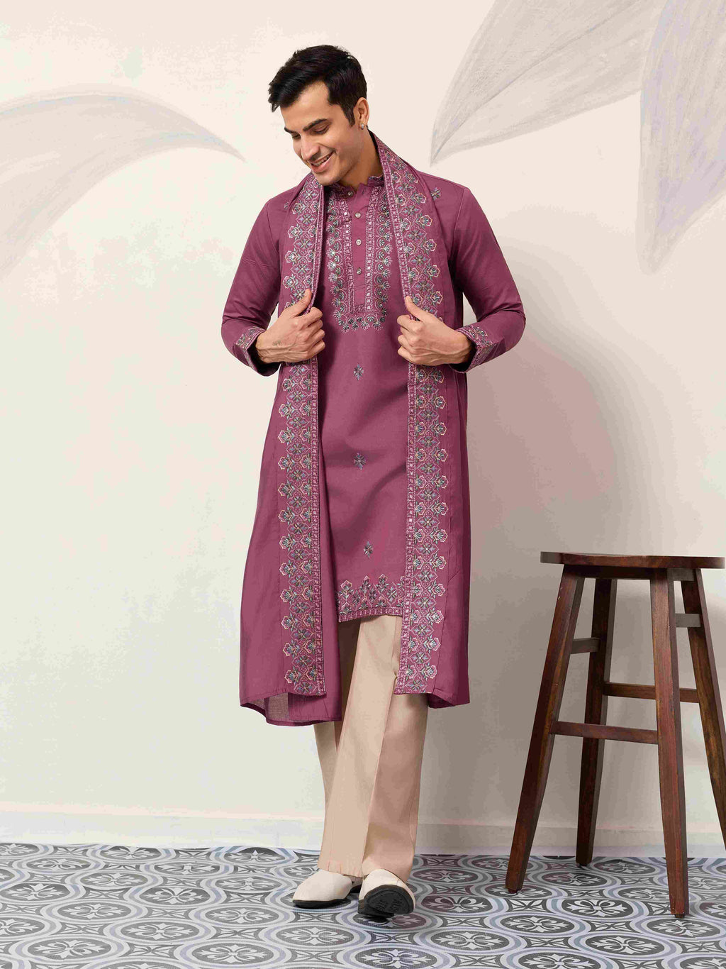 Trendy Pink Color Kurta with Dupatta for Mens Wear