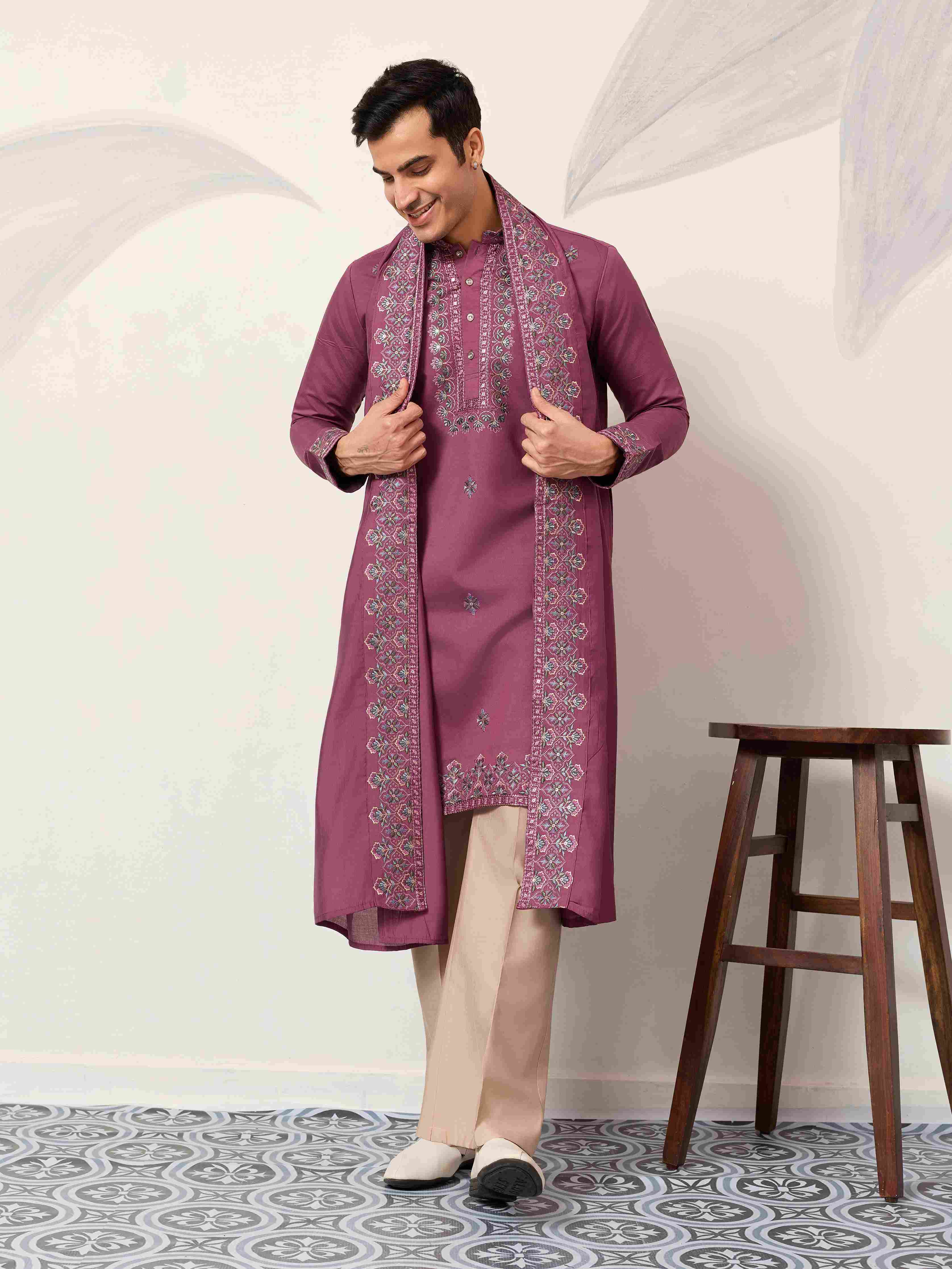 Trendy Pink Color Kurta with Dupatta for Mens Wear