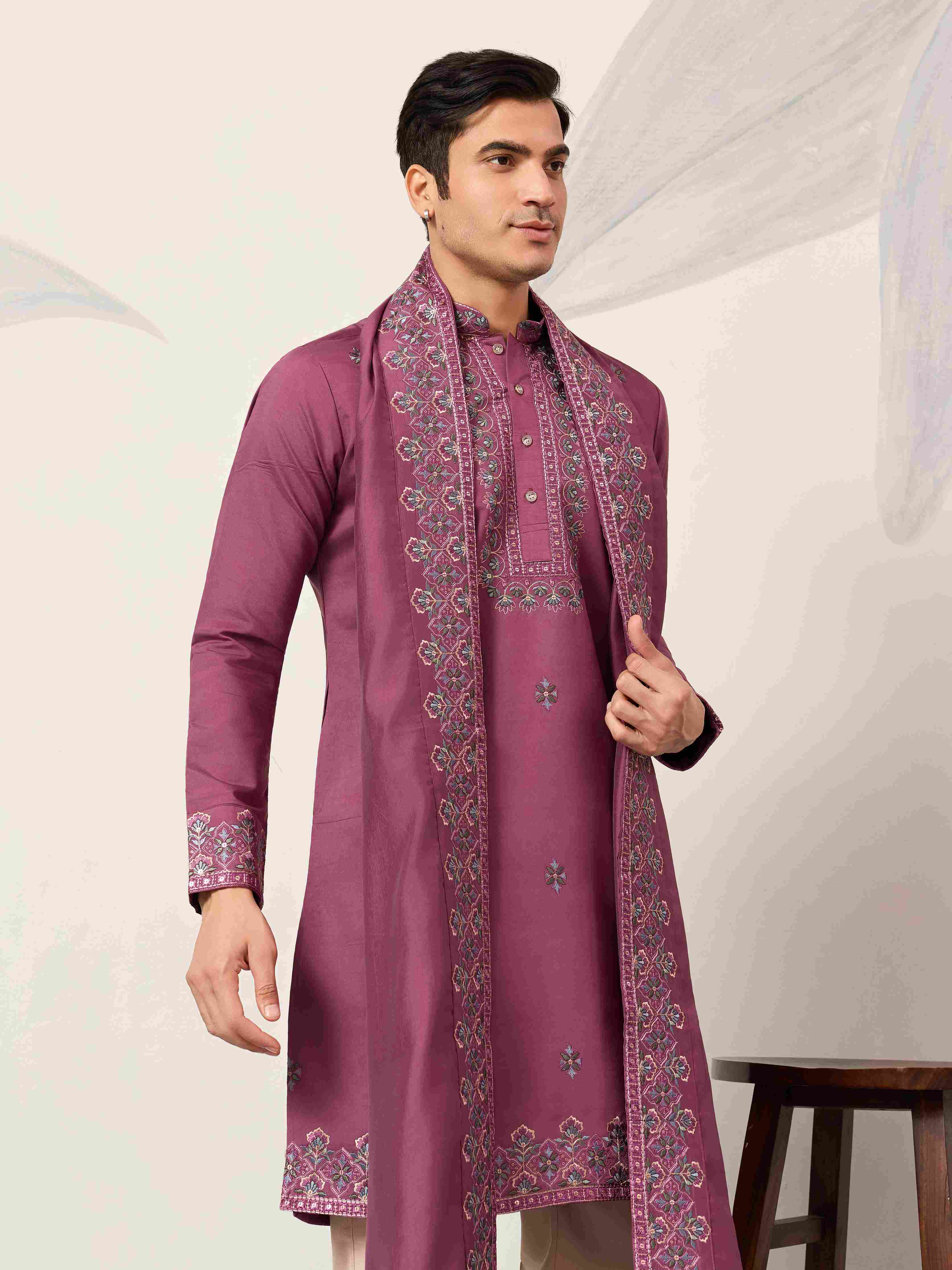 Trendy Pink Color Kurta with Dupatta for Mens Wear