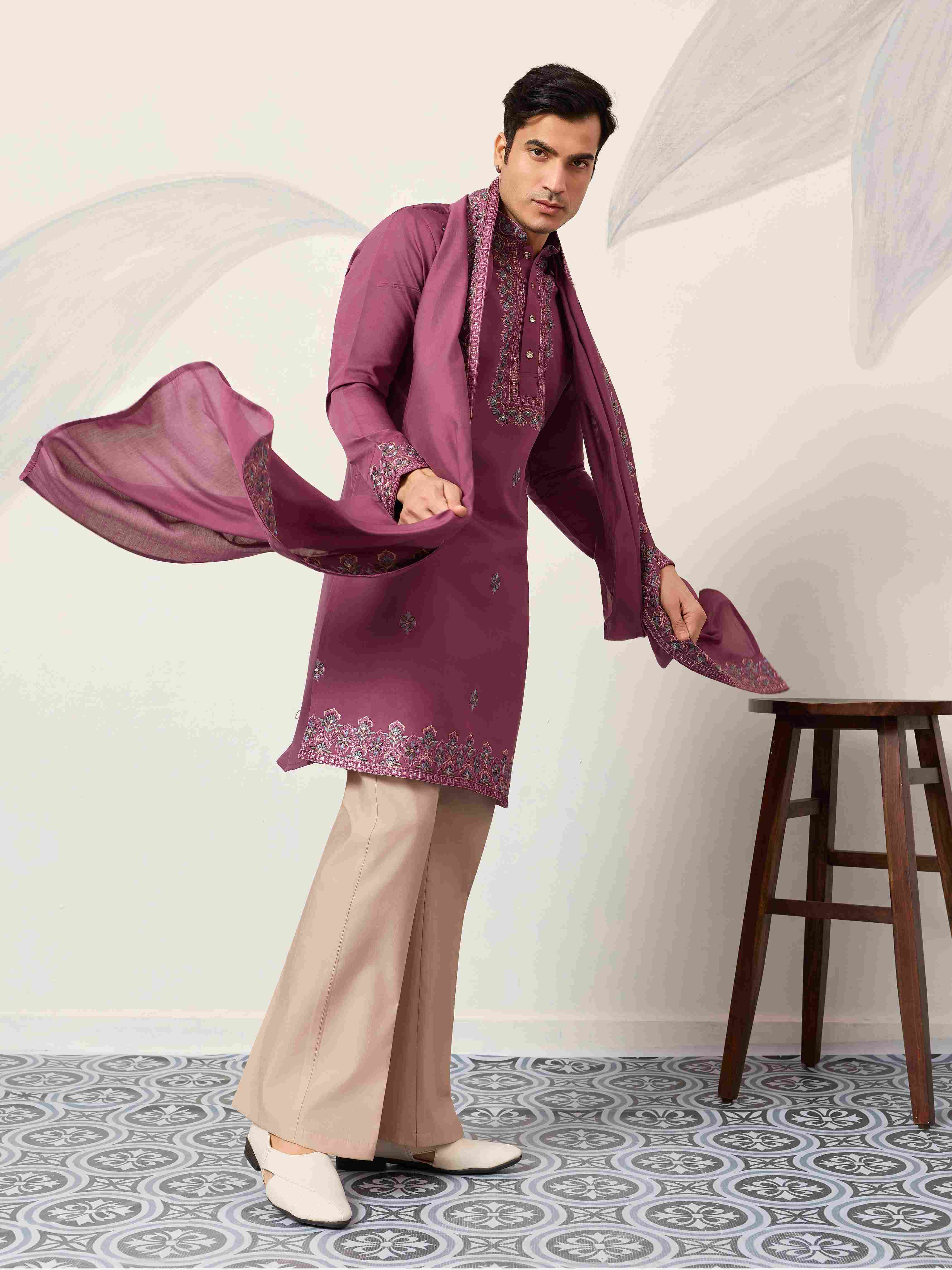 Trendy Pink Color Kurta with Dupatta for Mens Wear