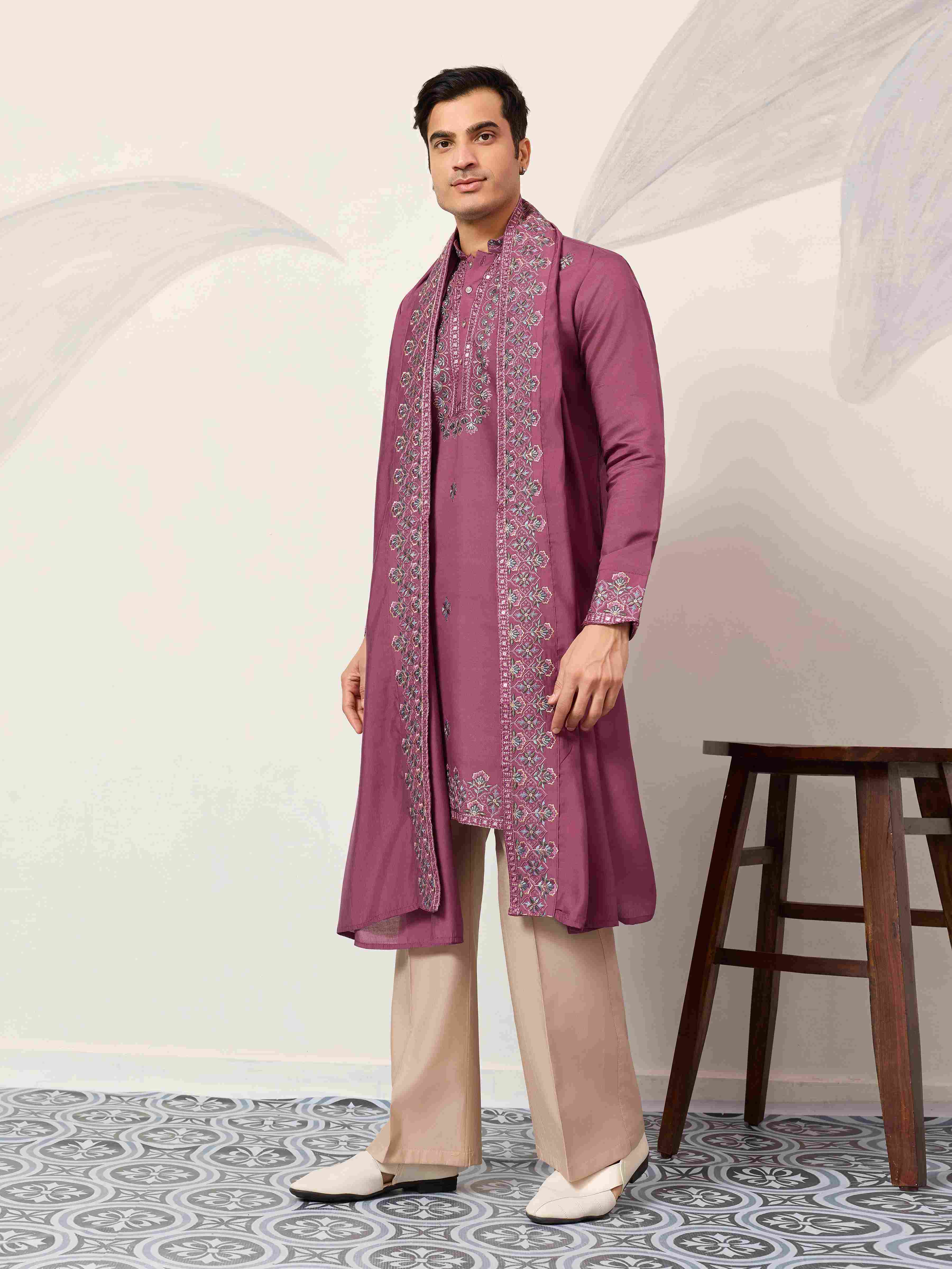 Trendy Pink Color Kurta with Dupatta for Mens Wear