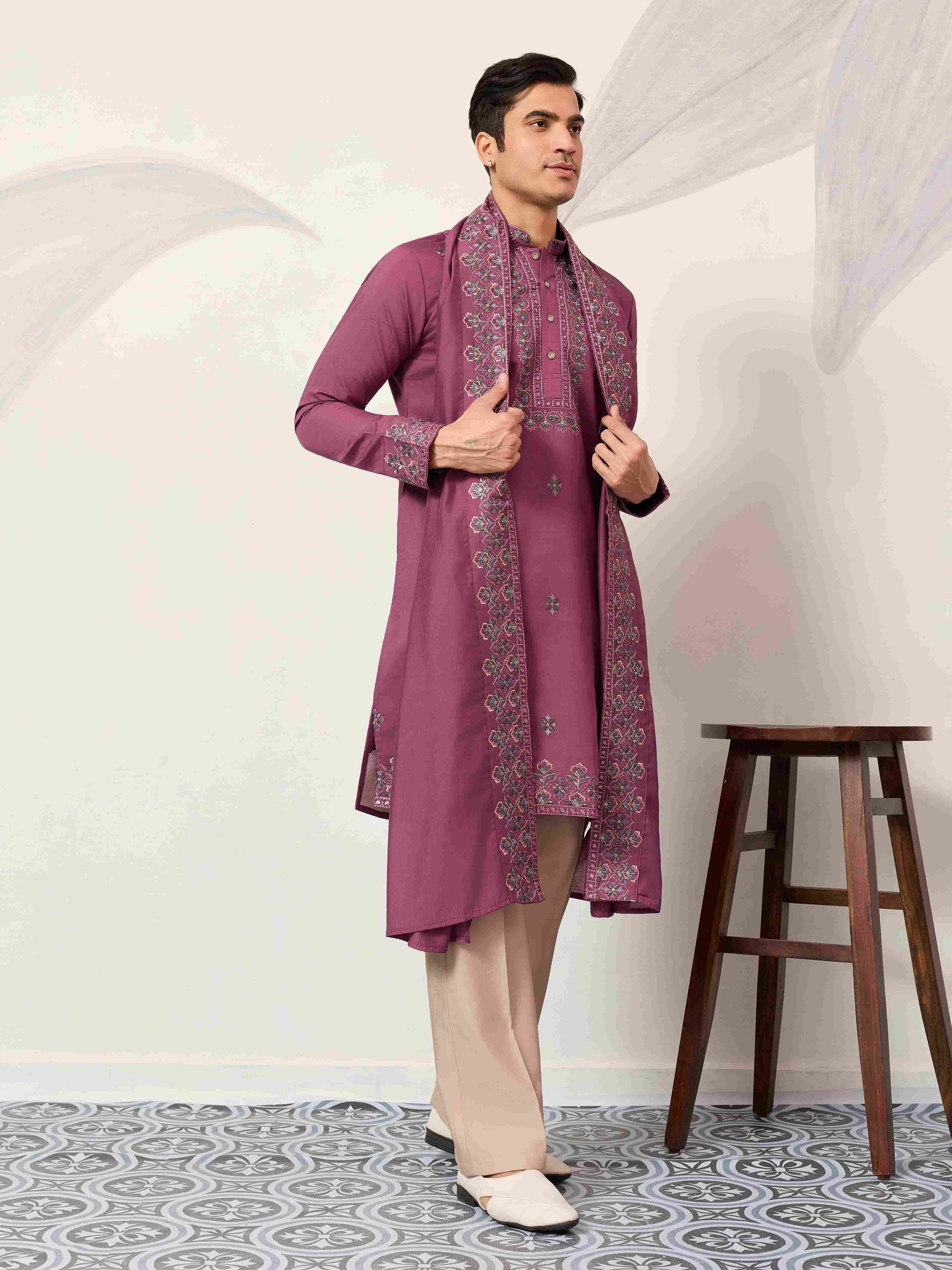 Trendy Pink Color Kurta with Dupatta for Mens Wear