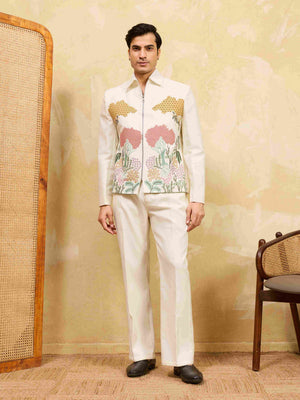 Premium White Velvet Embroidered Bomber Jacket with Pant for Mens Wear